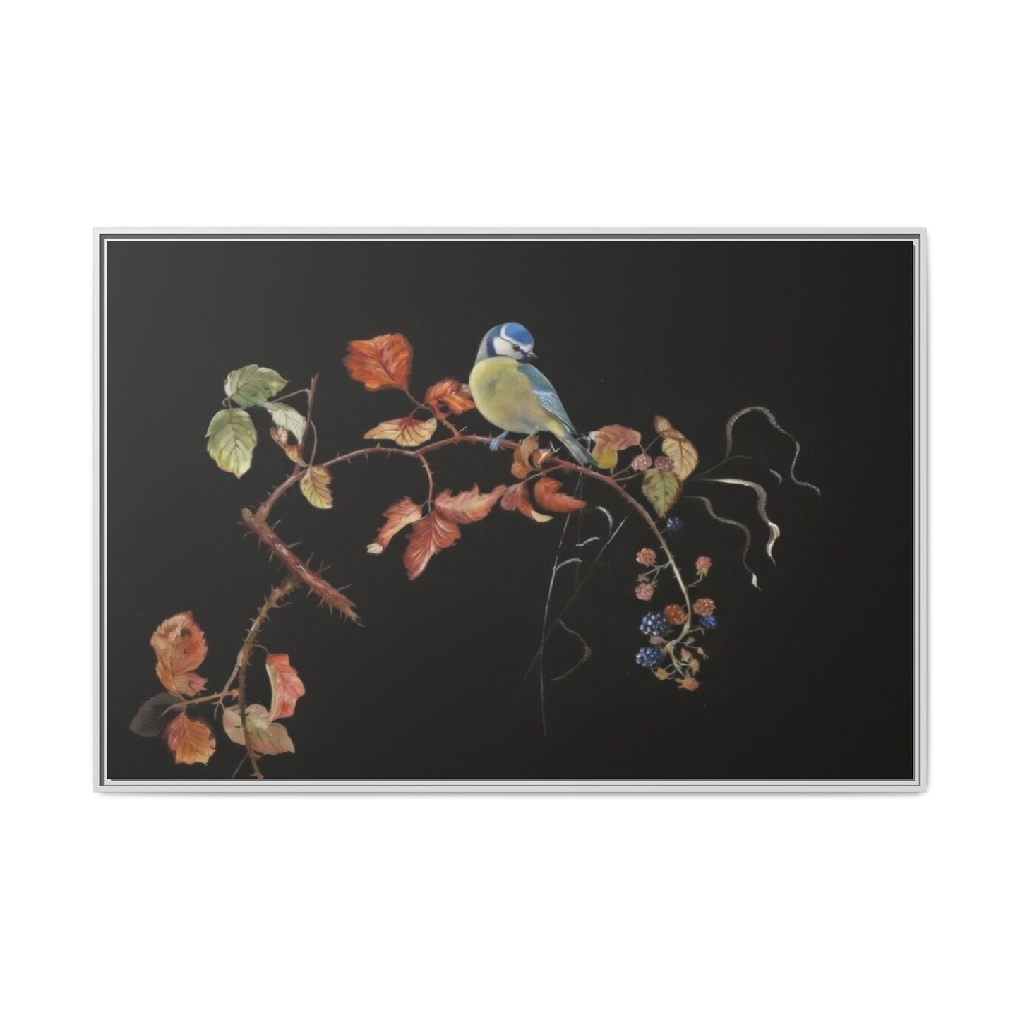 Framed Matte Canvas - Blue Tit on Autumn Branch Wall Art