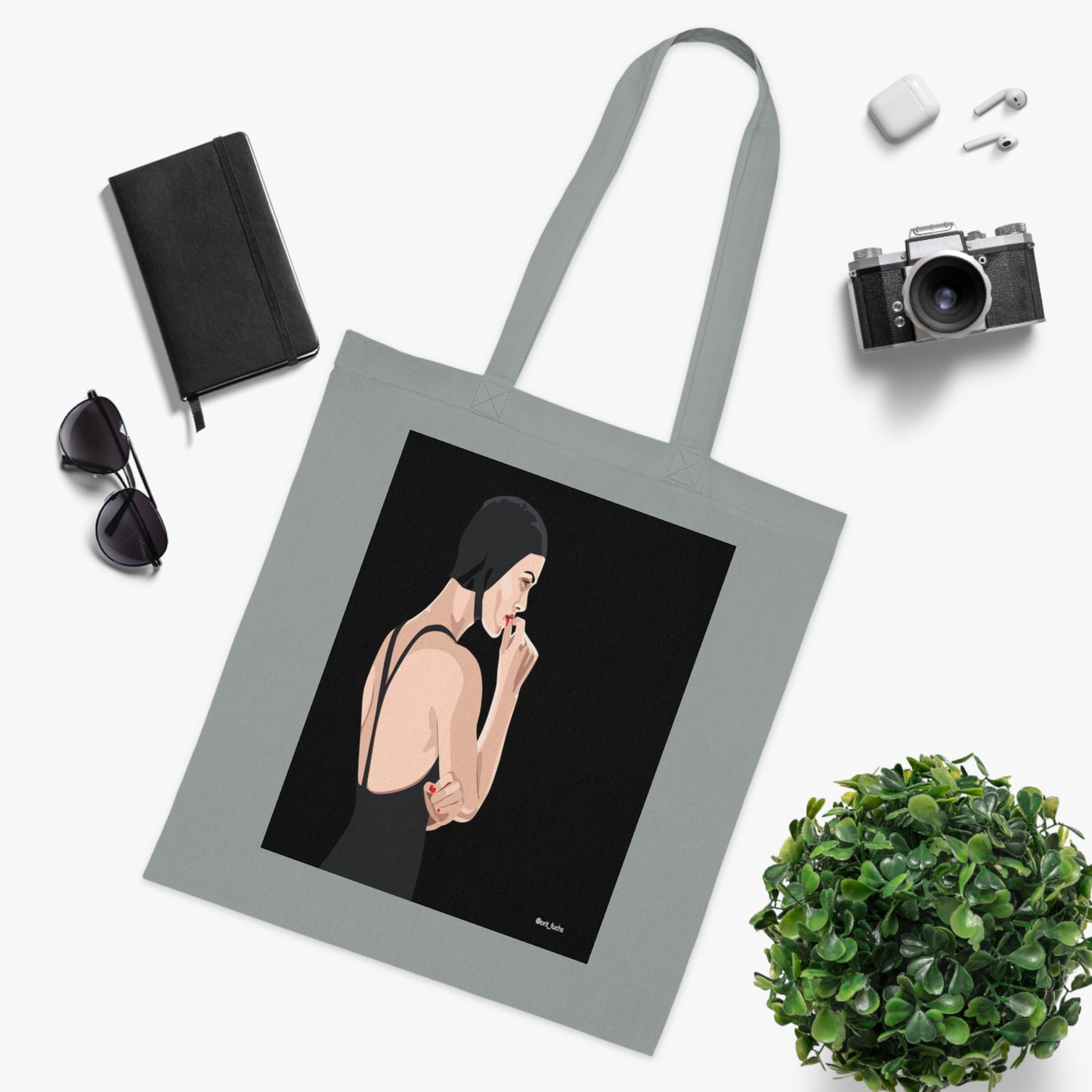 Minimalist Femme Portrait Cotton Tote — Chic Black-Back Illustration Tote Bag
