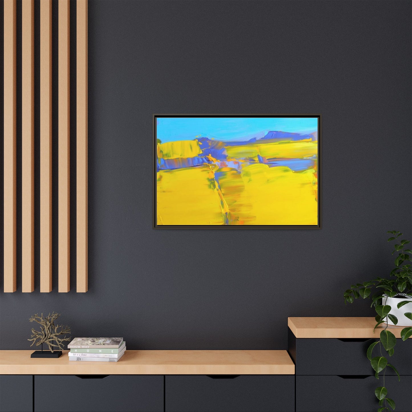 Framed Matte Canvas  Vibrant Yellow Blue Abstract Landscape Art