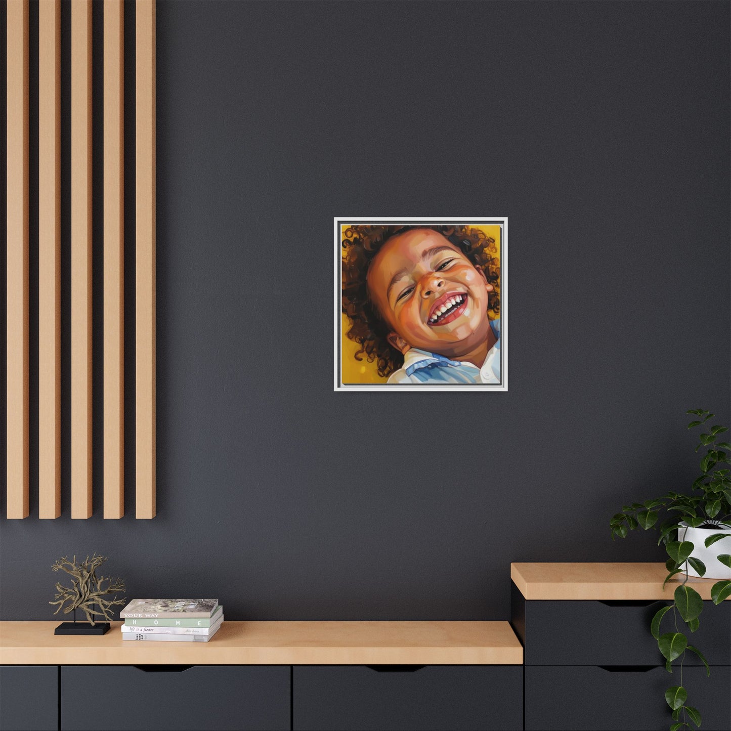 Framed Matte Canvas Print – Joyful Child Portrait, Colorful Nursery Wall Art