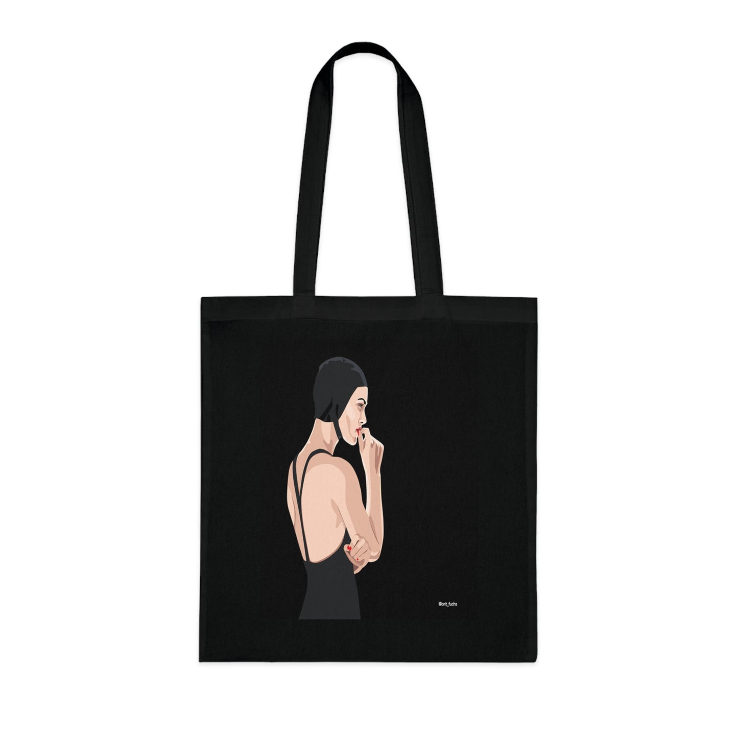 Minimalist Femme Portrait Cotton Tote — Chic Black-Back Illustration Tote Bag