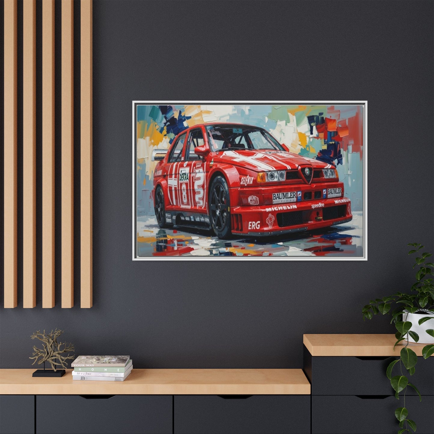 Framed Racing Car Canvas Print — Red Alfa Romeo Track Art