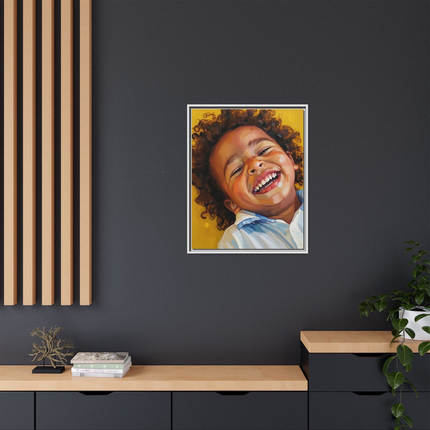 Framed Matte Canvas Print – Joyful Child Portrait, Colorful Nursery Wall Art
