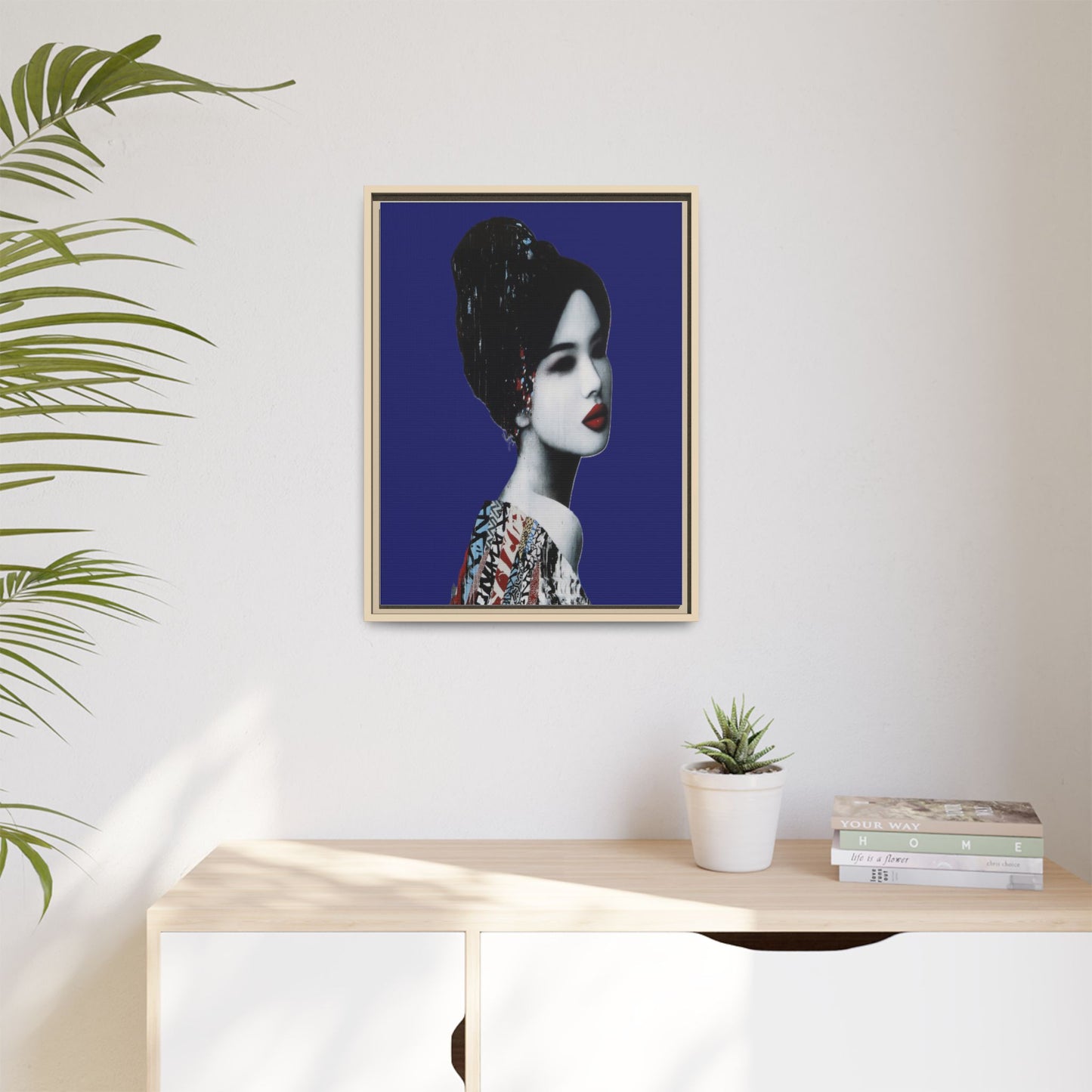 Framed Matte Canvas Art — Elegant Geisha Portrait on Deep Blue