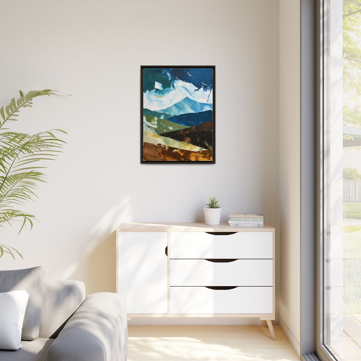 Framed Abstract Mountain Canvas Art — Blue & Earthtone Landscape Print