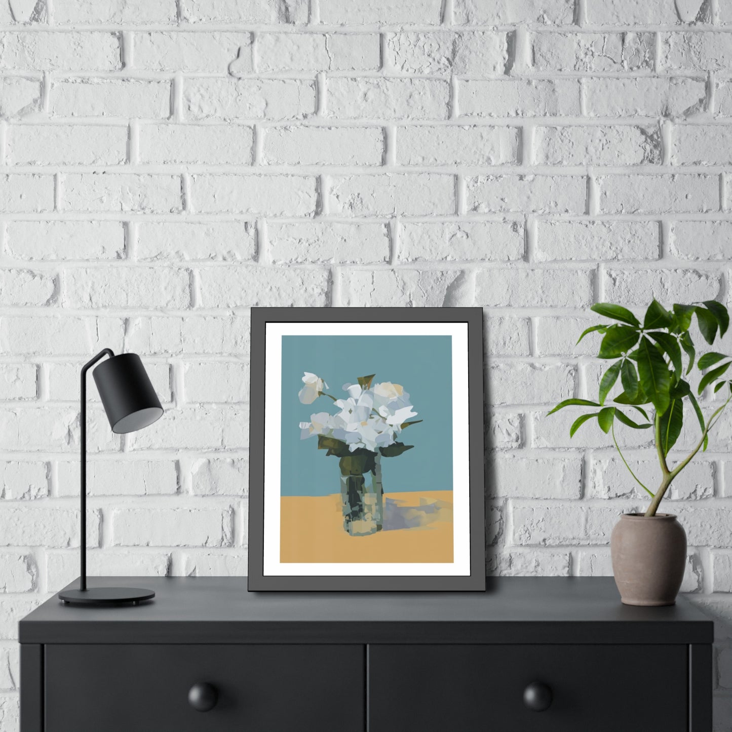 Framed Floral Poster - Modern White Blossoms in Vase Wall Art