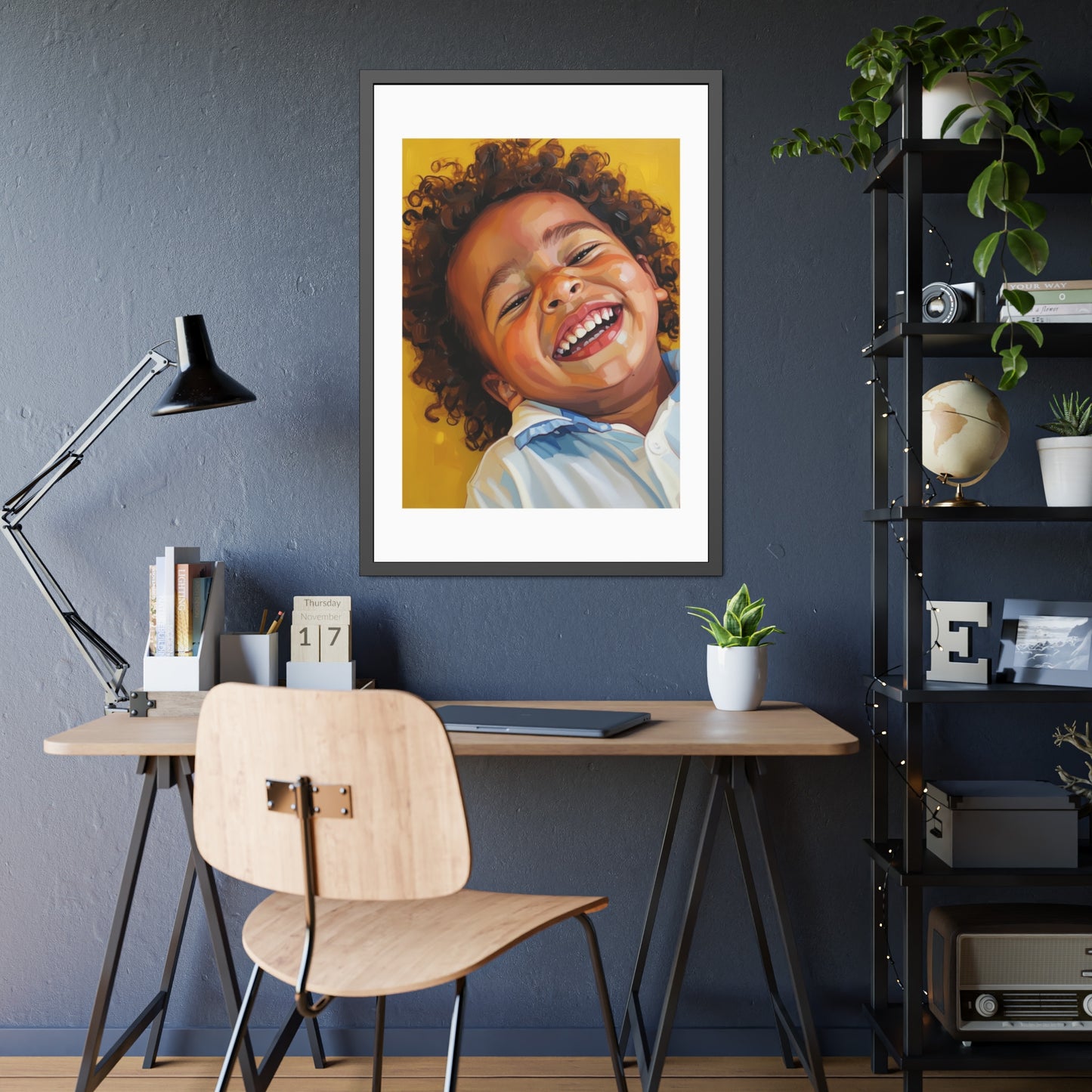 Framed Poster — Joyful Laughing Child Portrait, Colorful Nursery Wall Art
