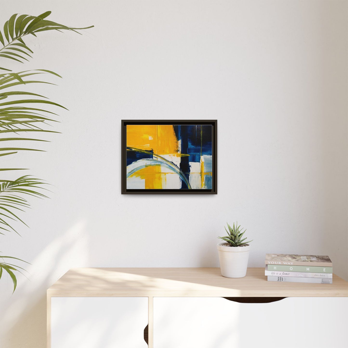 Abstract Yellow & Blue Framed Canvas Wall Art — Modern Matte Canvas Print