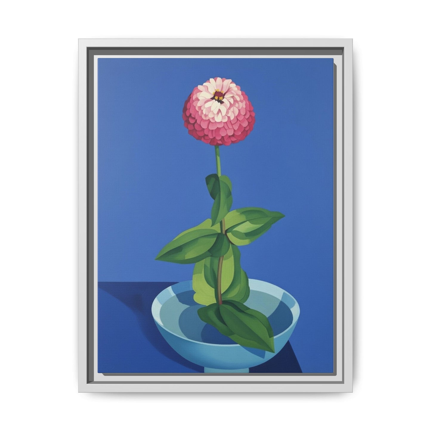 Framed Matte Canvas Art — Pink Zinnia in Blue Bowl (Botanical Still Life)