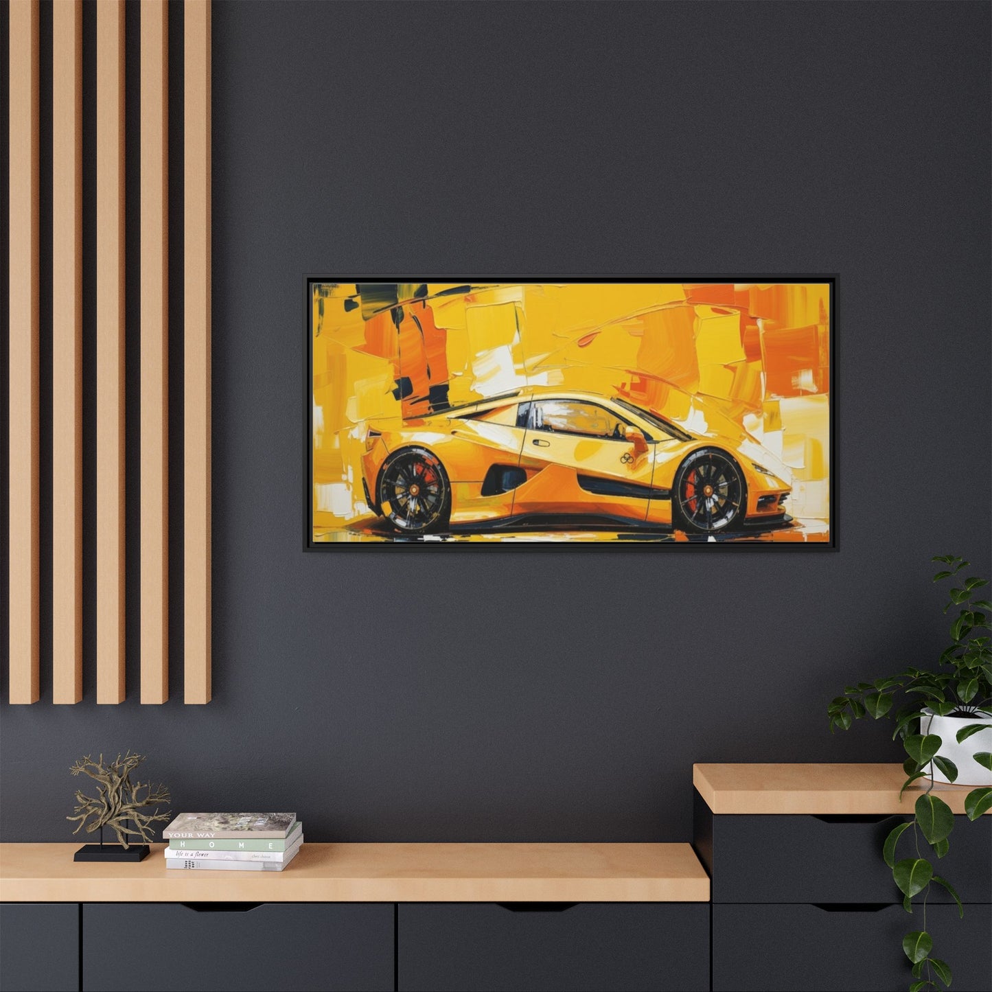 Yellow Sports Car Abstract Matte Canvas Framed Print