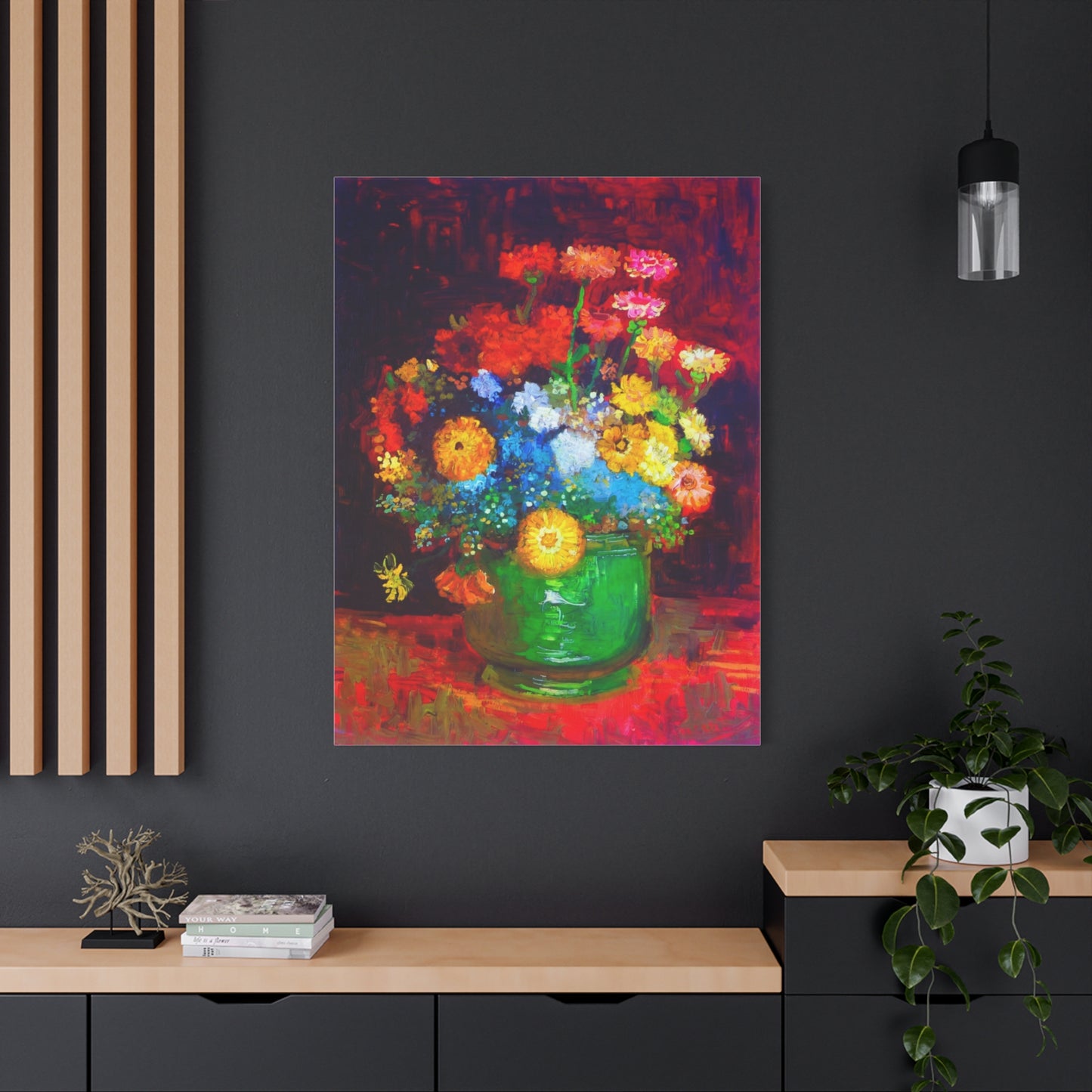 Floral Still Life Canvas Print — Vibrant Bouquet in Green Vase