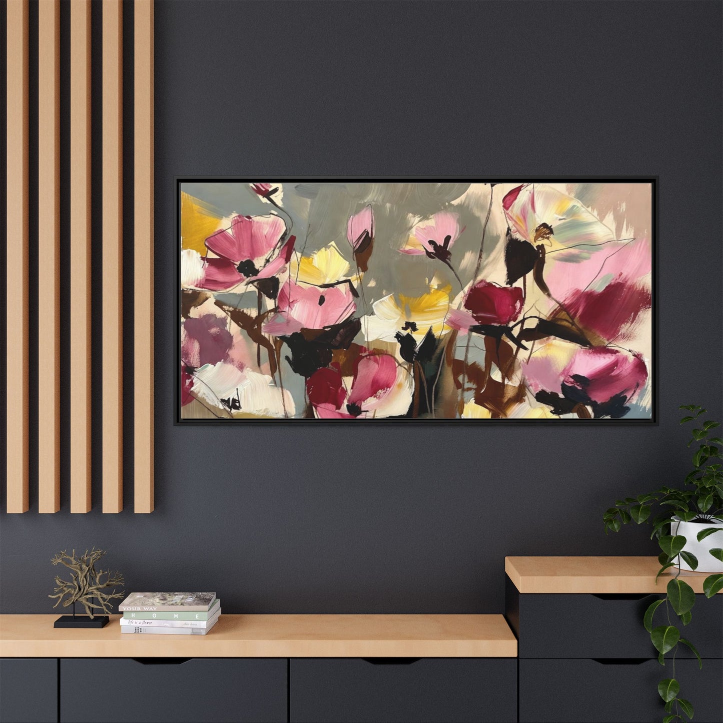 Framed Floral Canvas Wall Art — Abstract Pink & Yellow Flowers