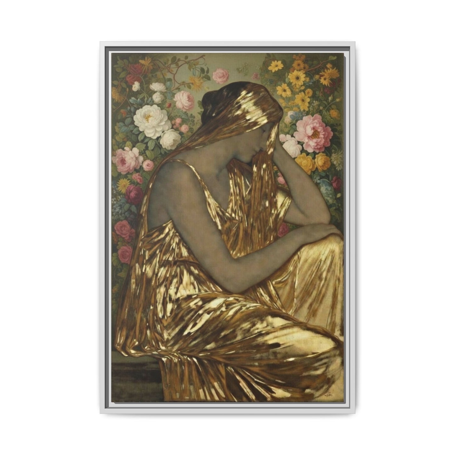 Framed Canvas Art Print — Golden Muse Woman with Floral Background