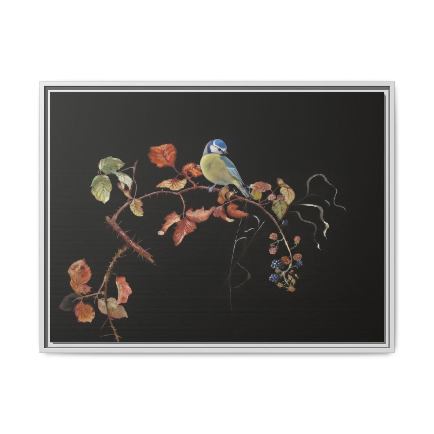Framed Matte Canvas - Blue Tit on Autumn Branch Wall Art