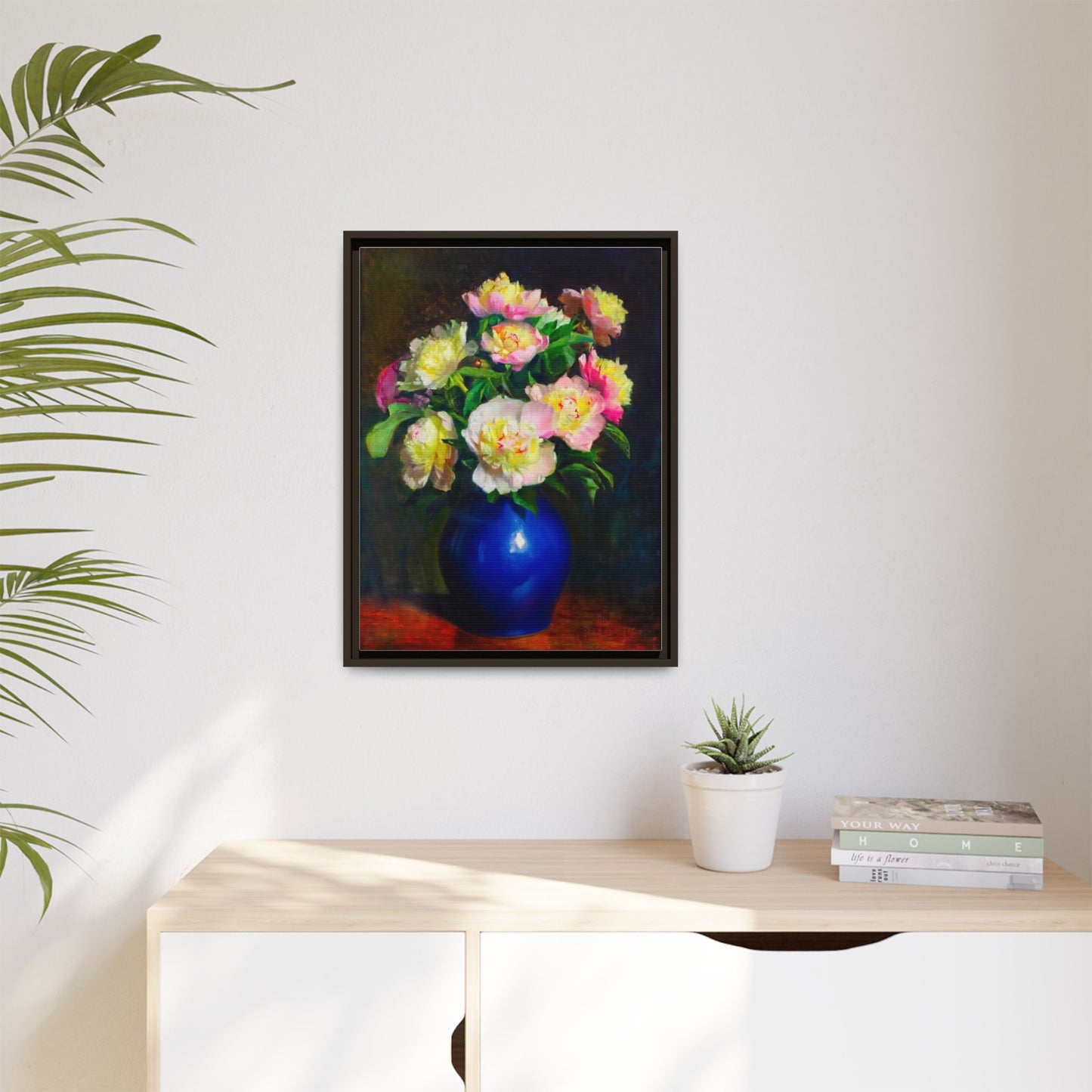 Framed Matte Canvas Wall Art — Vintage Floral Bouquet in Blue Vase