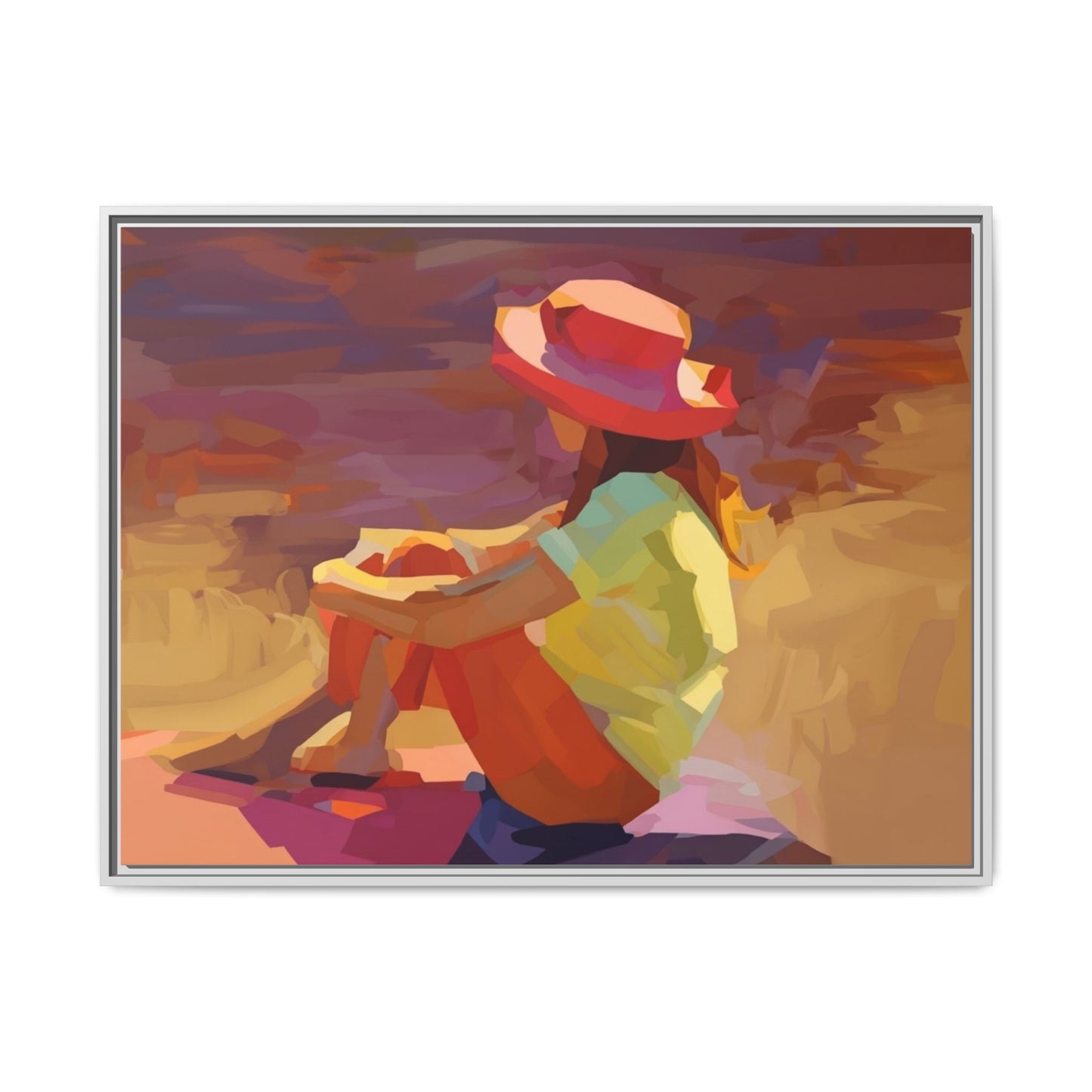 Framed Matte Canvas — Colorful Seated Girl Beach Art