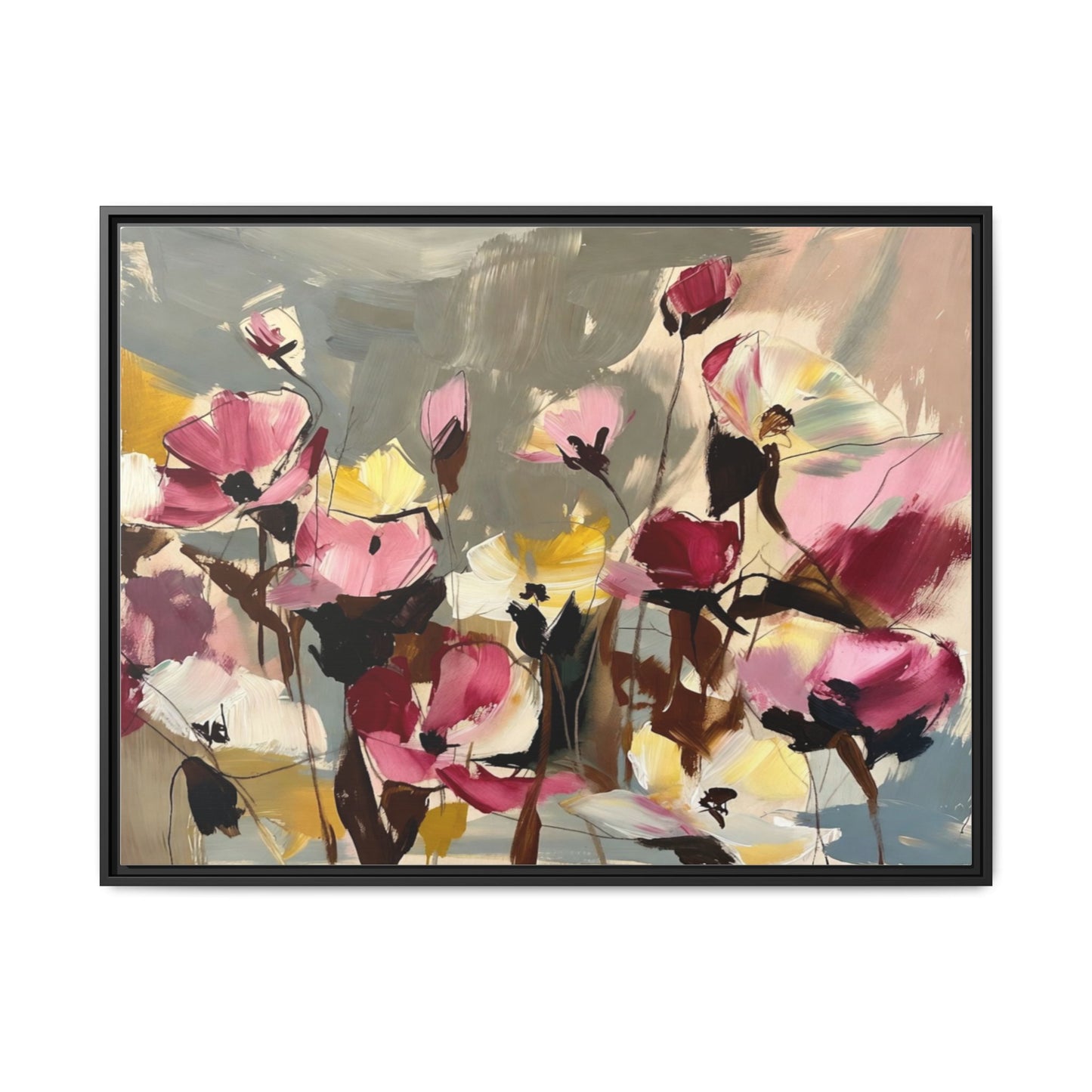 Framed Floral Canvas Wall Art — Abstract Pink & Yellow Flowers
