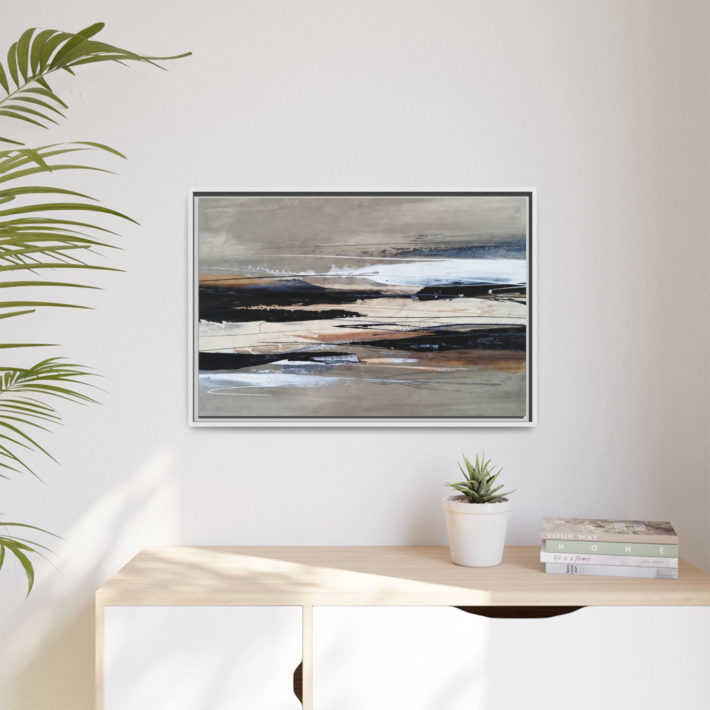 Abstract Seascape Matte Canvas Framed Wall Art — Neutral Coastal Landscape