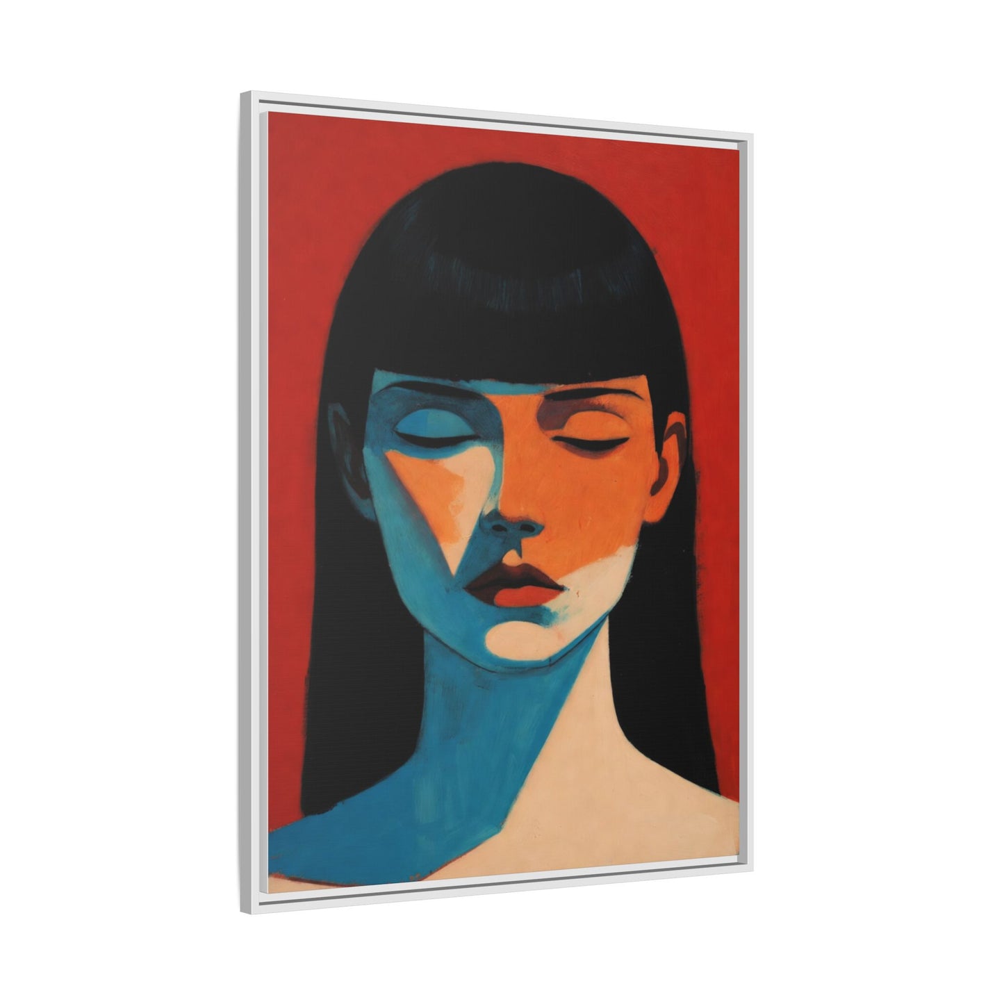 Framed Matte Canvas Art – Minimalist Portrait in Red & Teal