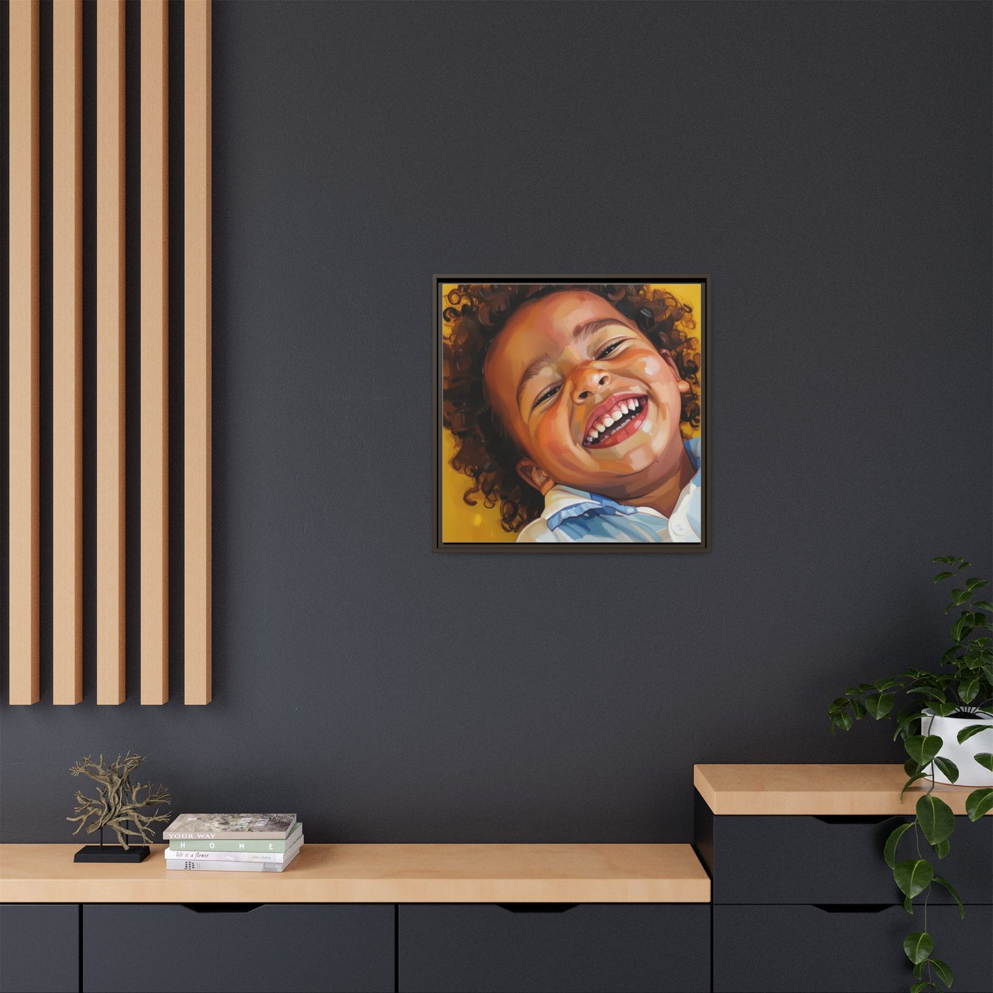 Framed Matte Canvas Print – Joyful Child Portrait, Colorful Nursery Wall Art