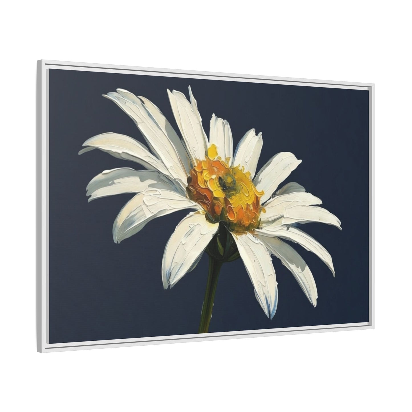 Framed Matte Canvas Daisy Wall Art — White Floral Painting on Navy
