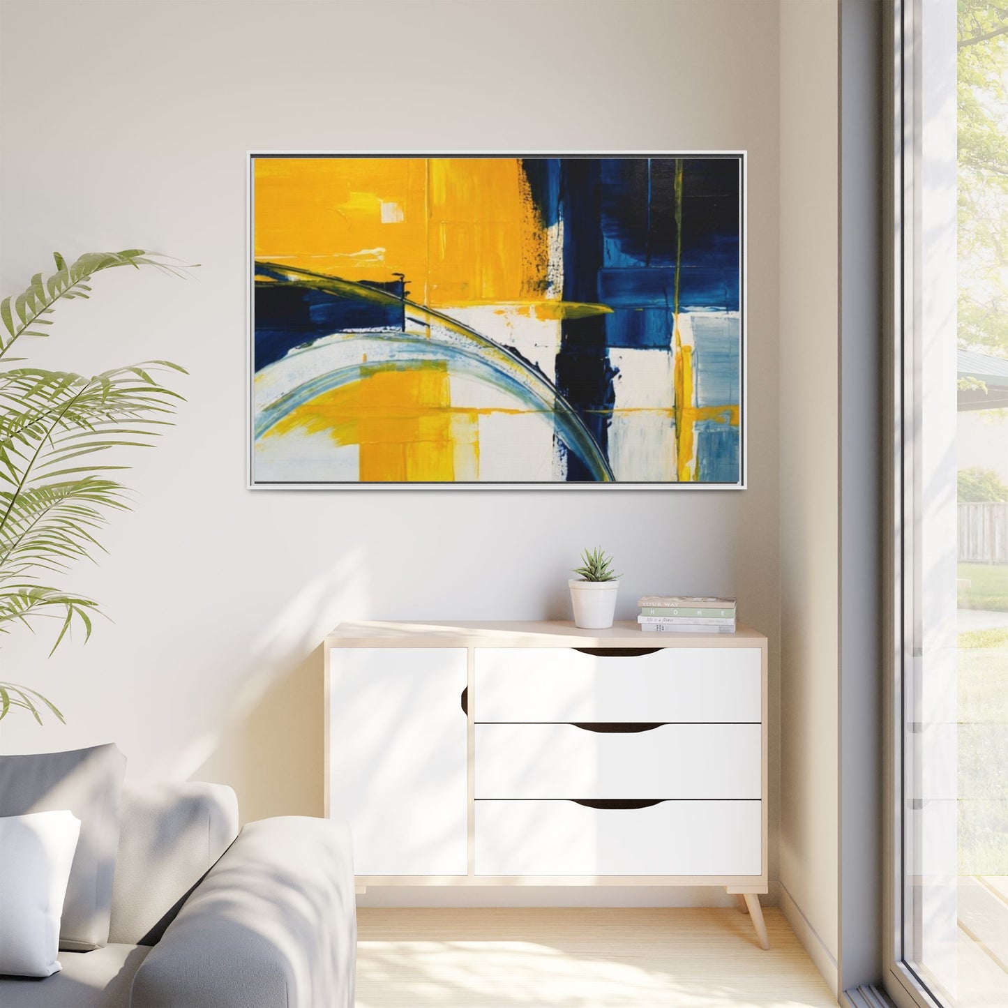 Abstract Yellow & Blue Framed Canvas Wall Art — Modern Matte Canvas Print