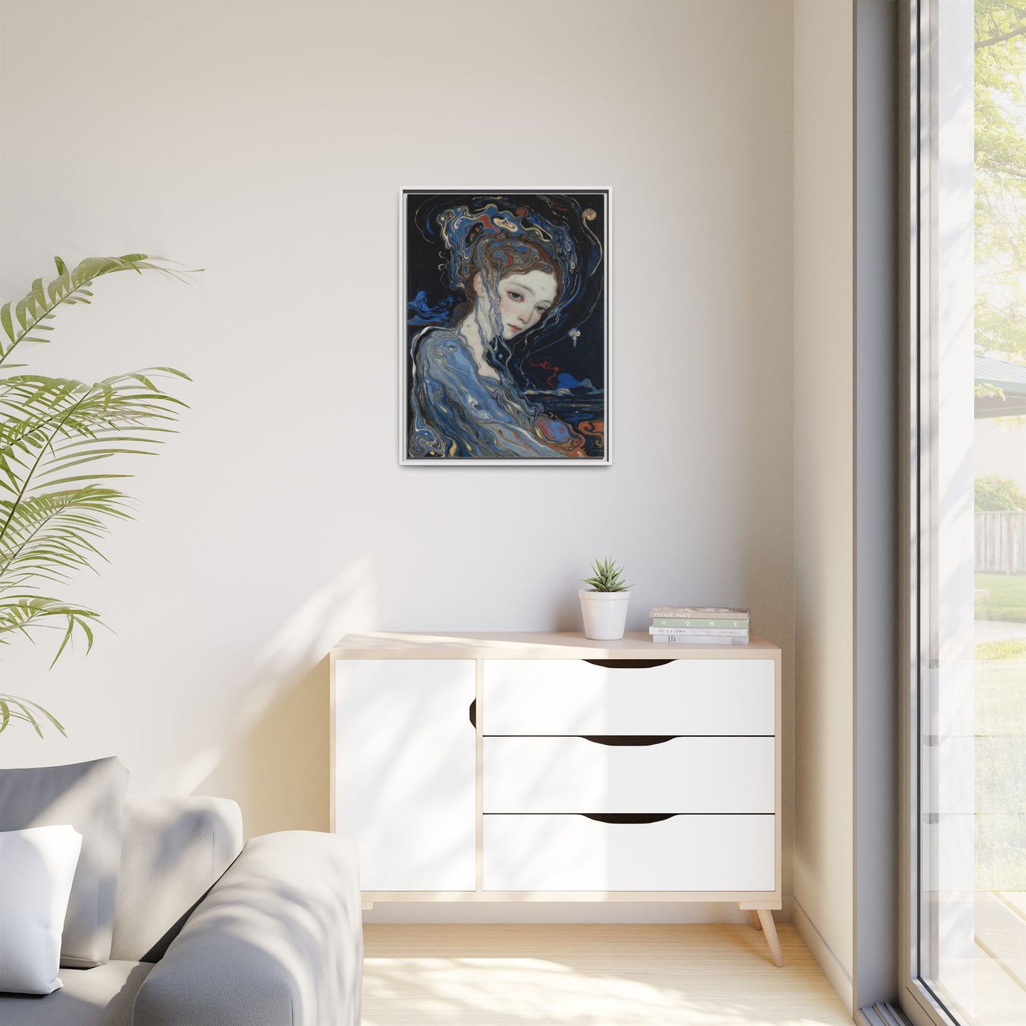 Framed Matte Canvas Art Print — Surreal Blue Maiden Portrait