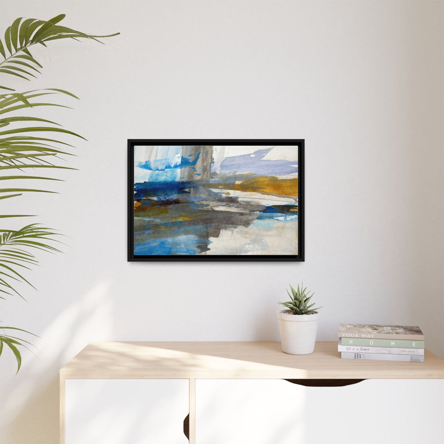 Abstract Blue & Gold Framed Canvas Art — Matte Multi-Color Wall Print