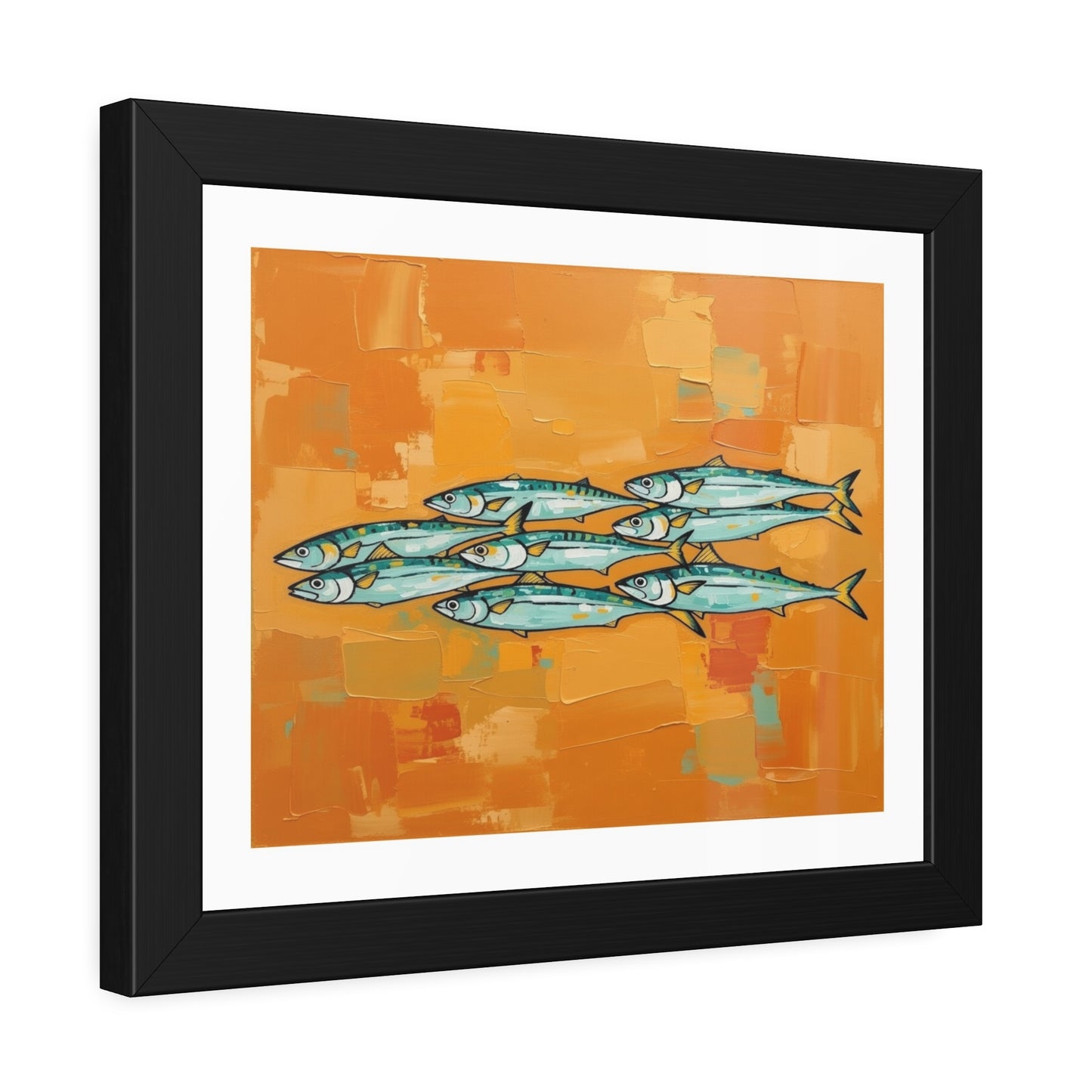 Framed Fish Art Print — School of Mackerel on Orange Abstract Background