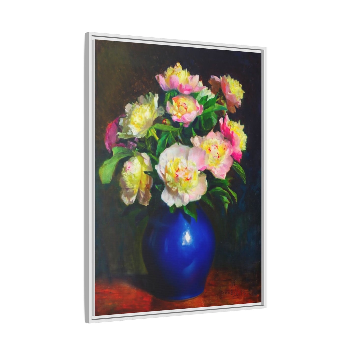 Framed Matte Canvas Wall Art — Vintage Floral Bouquet in Blue Vase