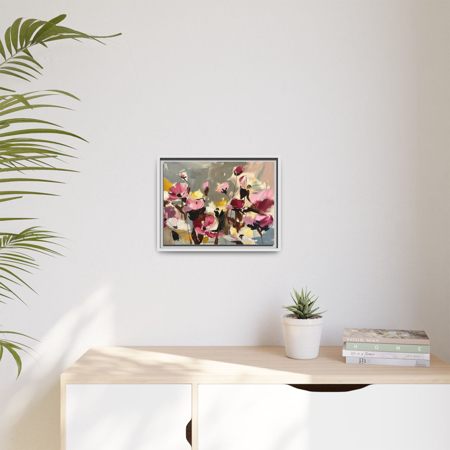 Framed Floral Canvas Wall Art — Abstract Pink & Yellow Flowers