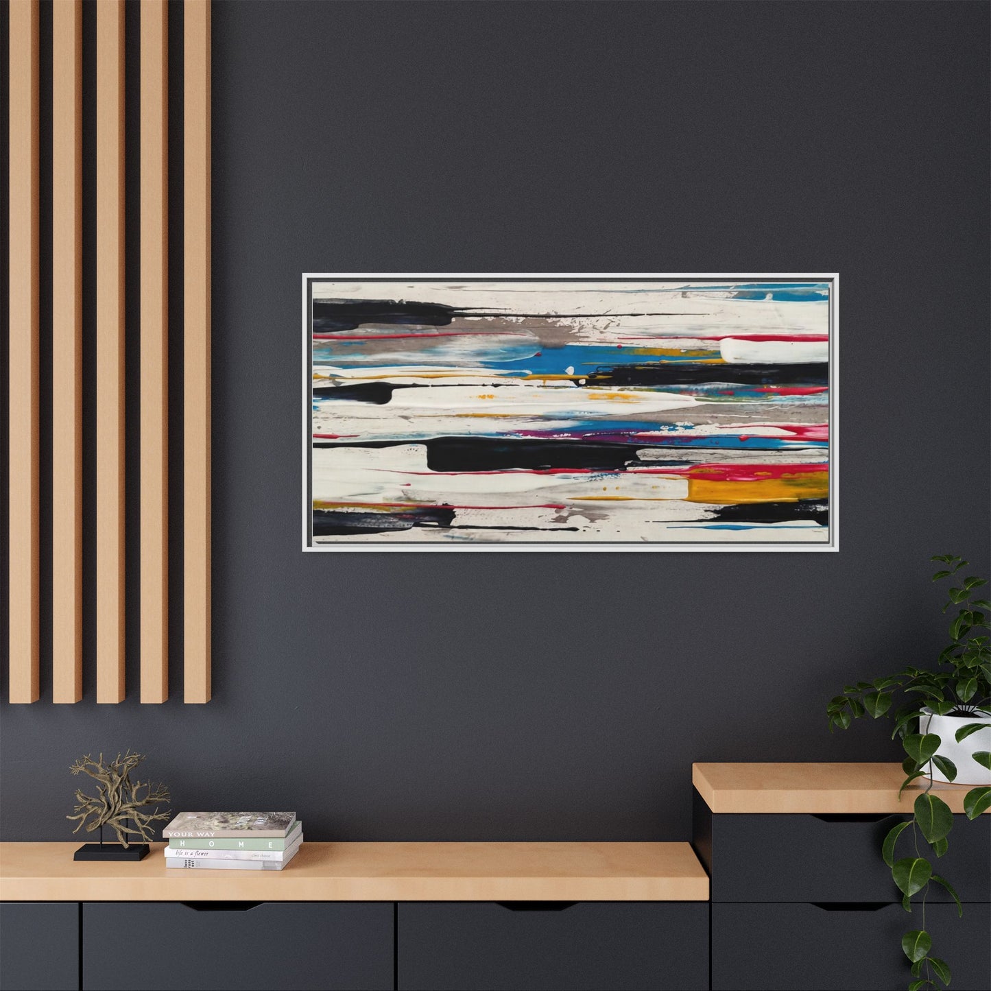 Abstract Multi-Color Framed Canvas Wall Art — Modern Horizontal Brushstroke Print