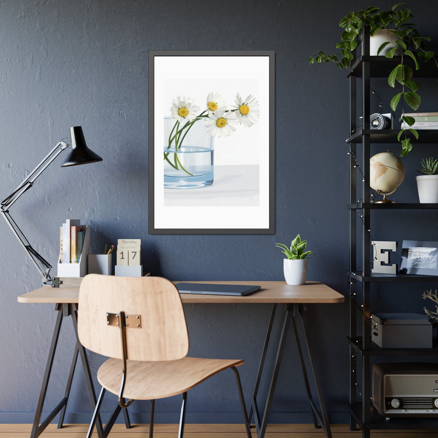 Framed Poster — Daisies in Glass Vase Wall Art, Minimal Botanical Print for Living Room