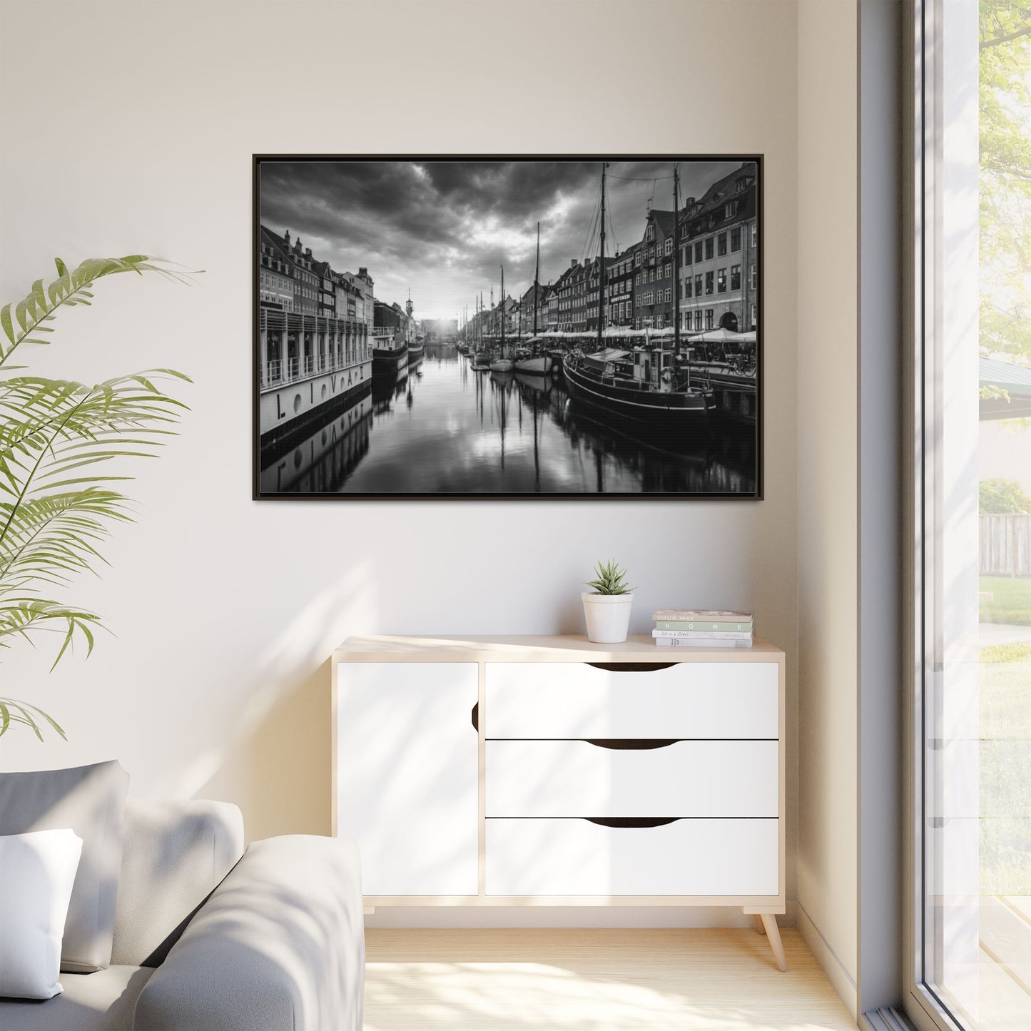 Framed Matte Canvas: Black & White Dutch Canal Photography Wall Art