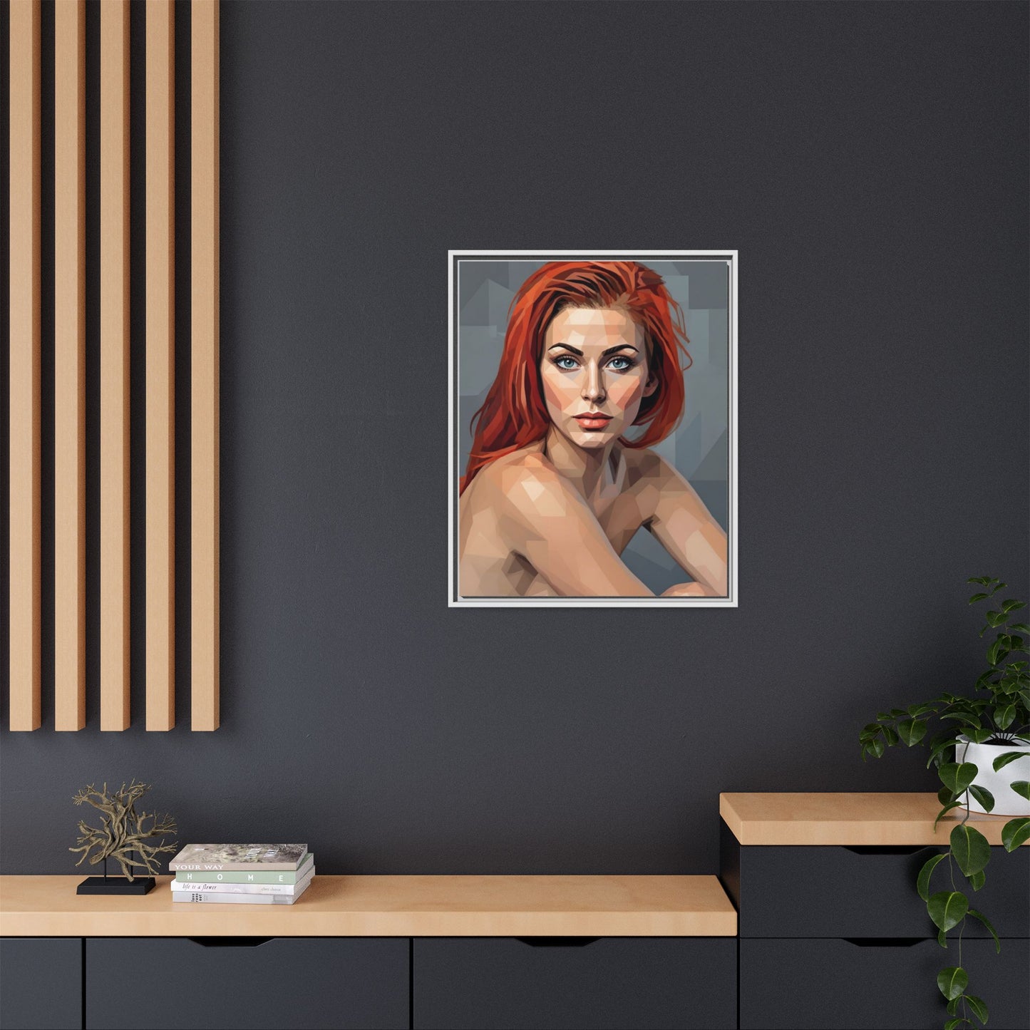 Framed Matte Canvas Portrait — Geometric Redhead Wall Art