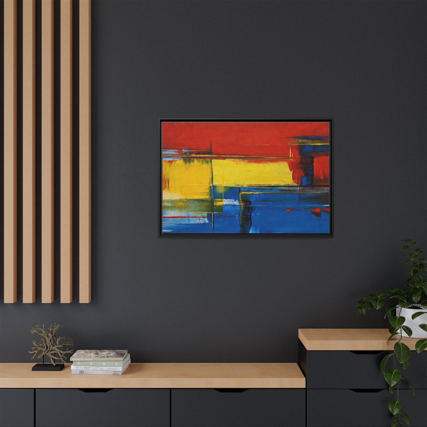Abstract Color Block Matte Canvas Framed Wall Art — Modern Red Yellow Blue Painting