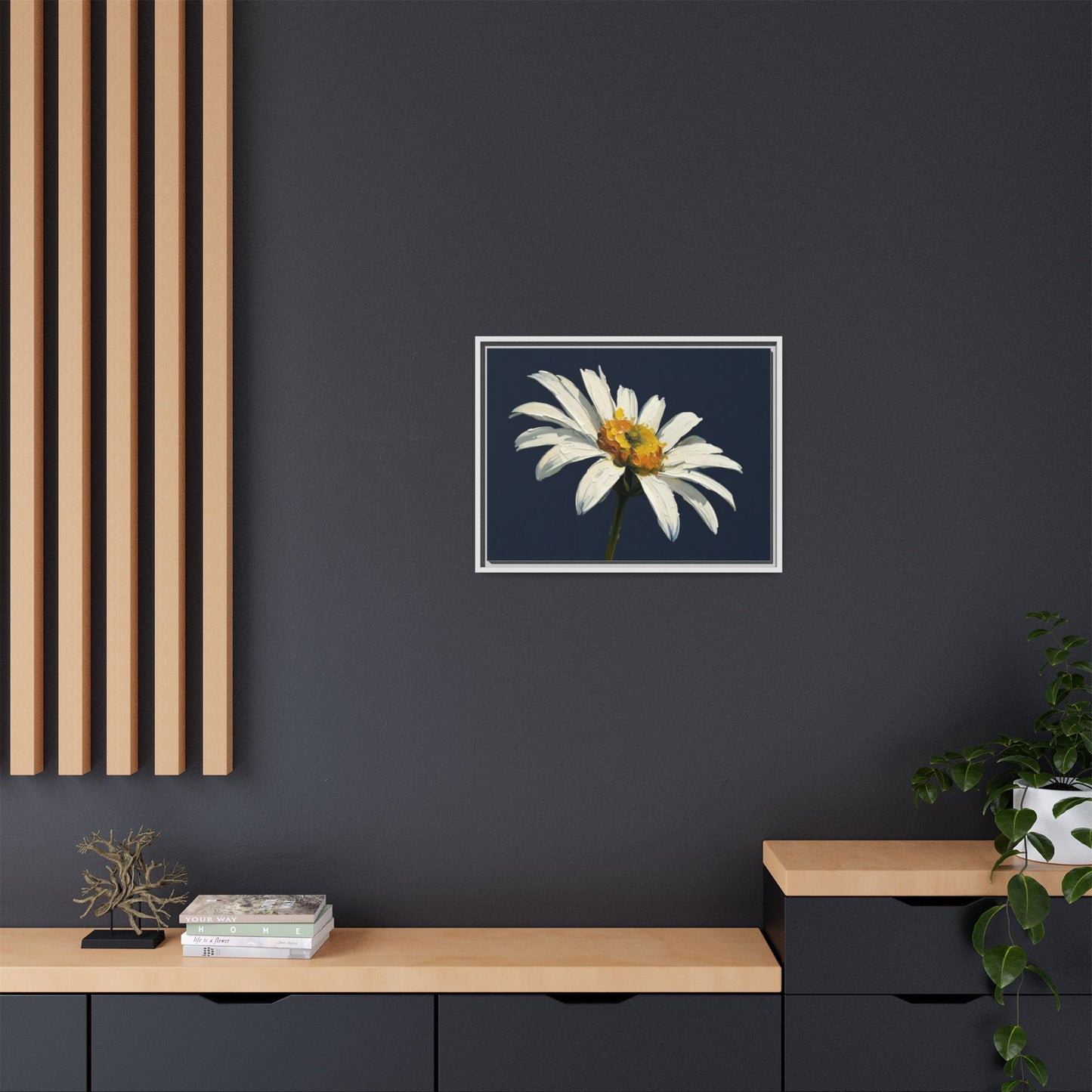 Framed Matte Canvas Daisy Wall Art — White Floral Painting on Navy