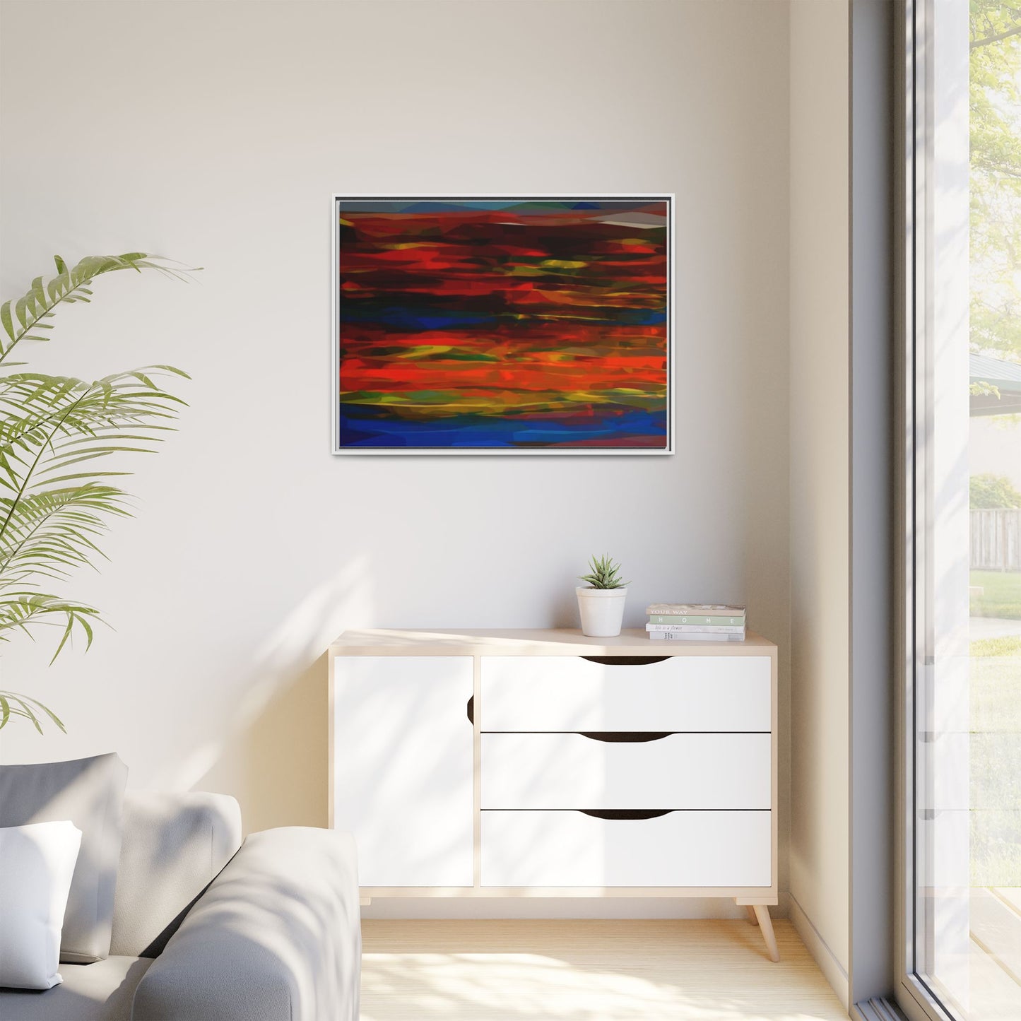 Abstract Multi-Color Matte Canvas Framed Wall Art — Bold Red & Blue Modern Painting