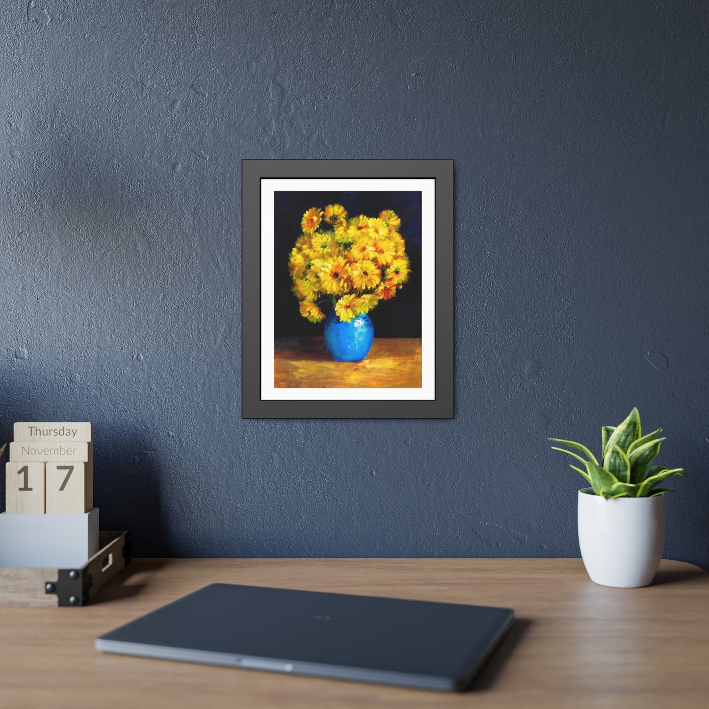 Framed Art Print — Yellow Daisy Bouquet in Blue Vase