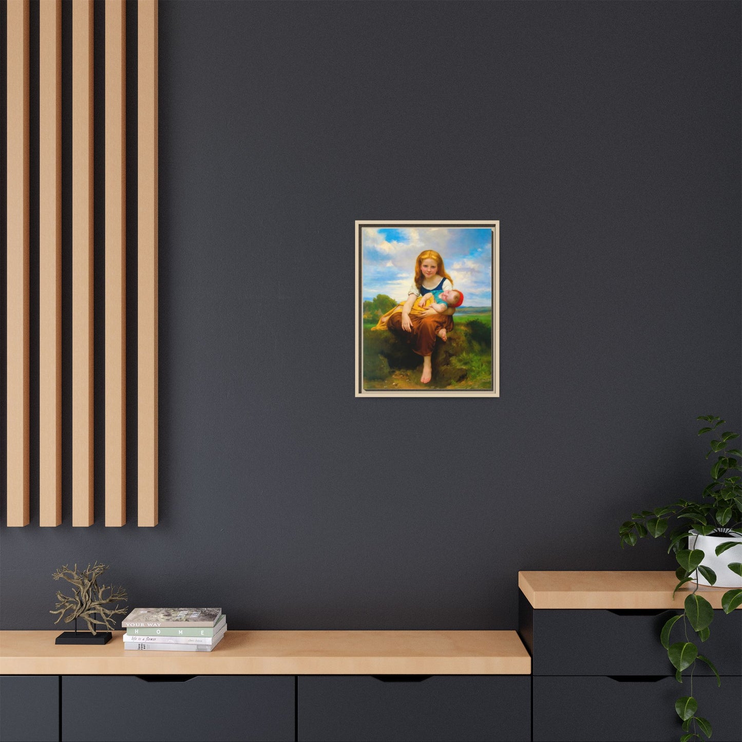 Young Girl Holding Sleeping Baby Canvas Print, Framed Wall Art