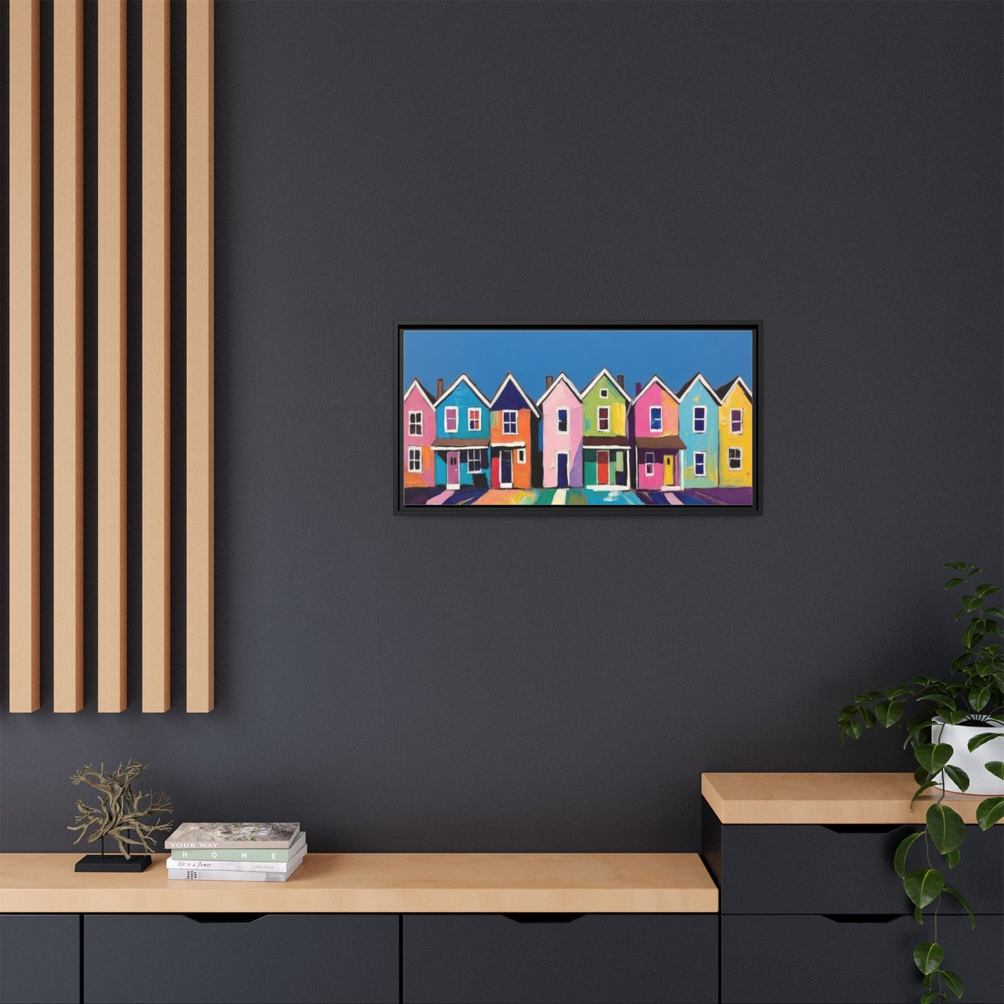 Colorful Beach Houses Matte Canvas Framed Wall Art