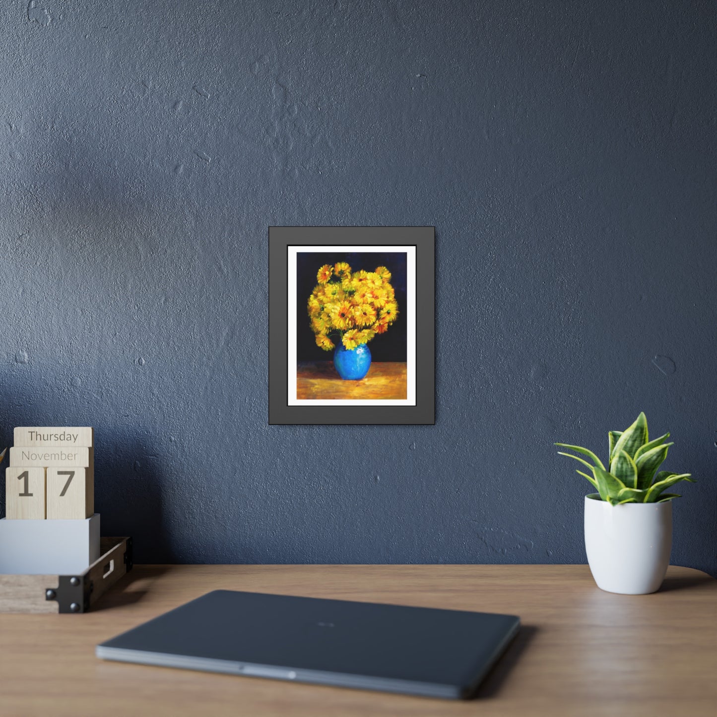 Framed Art Print — Yellow Daisy Bouquet in Blue Vase
