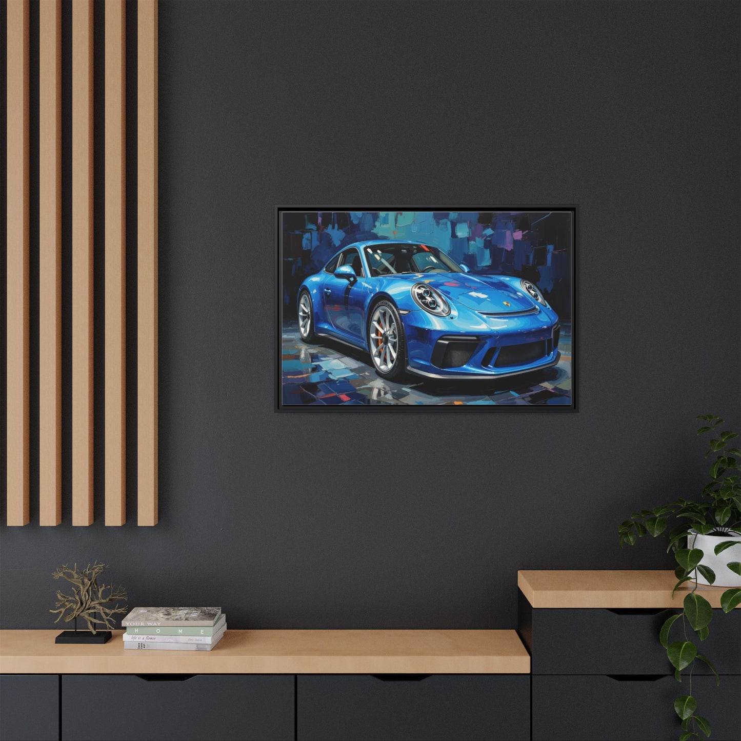 Blue Sports Car Matte Canvas Framed Print — Modern Automotive Wall Art