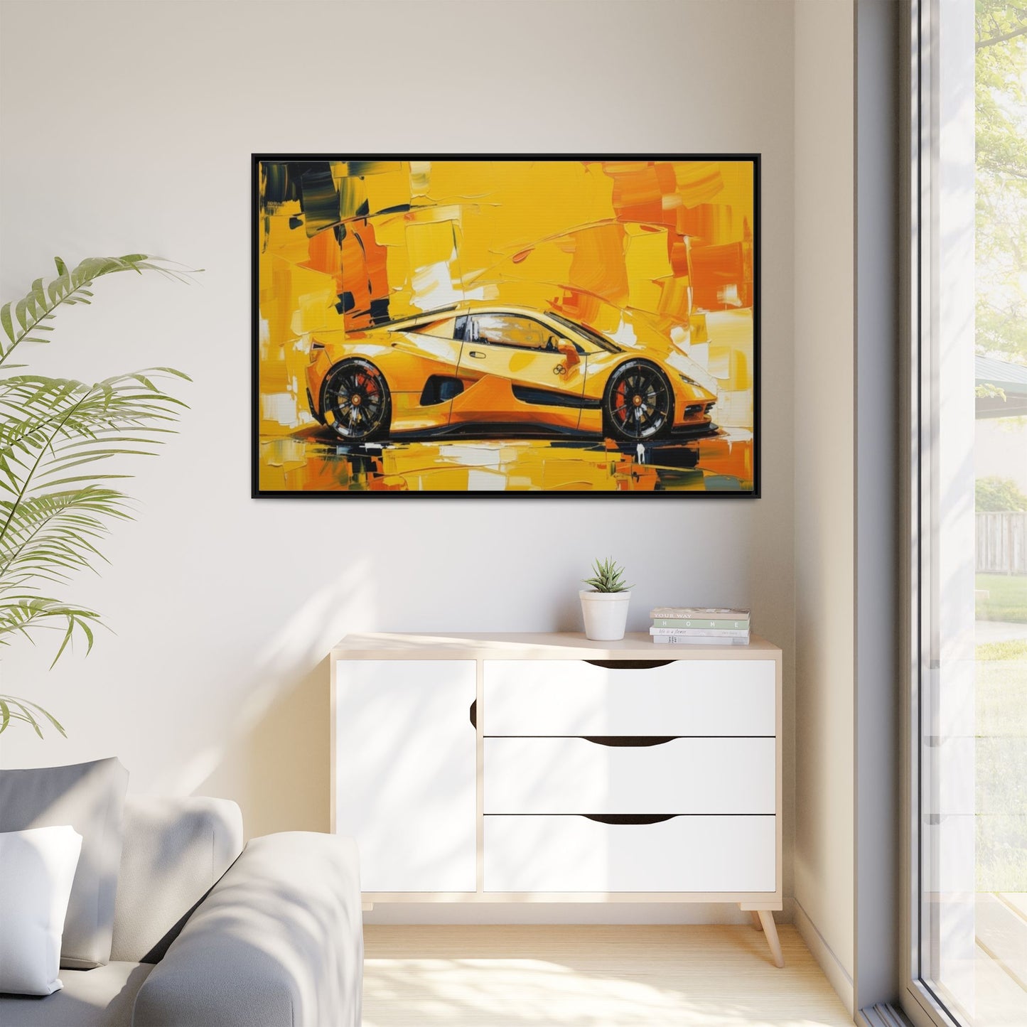 Yellow Sports Car Abstract Matte Canvas Framed Print