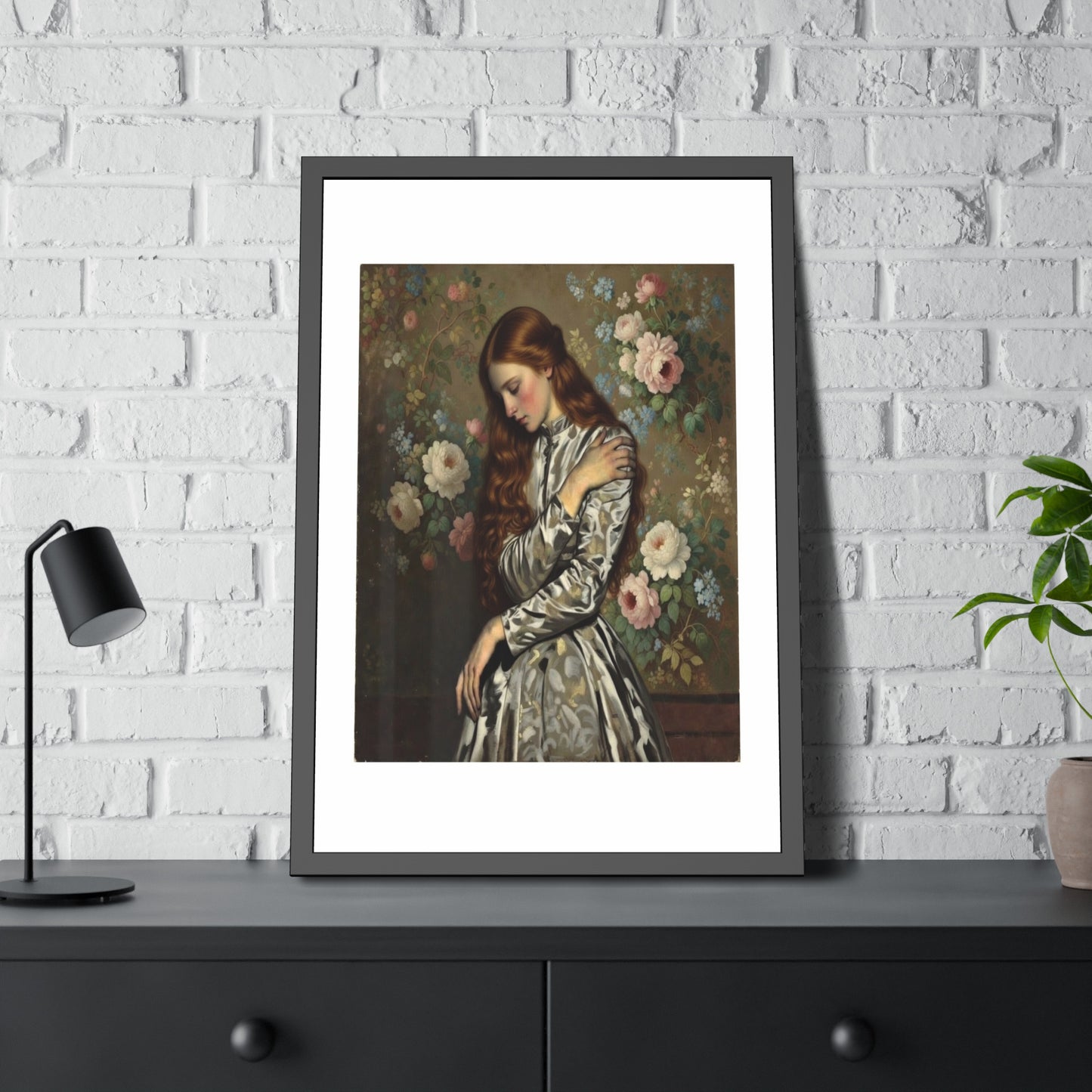 Framed Art Print — Vintage Portrait with Floral Background