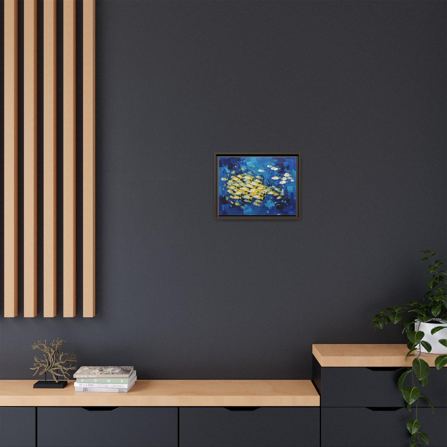 Framed Matte Canvas: Blue School of Fish Wall Art