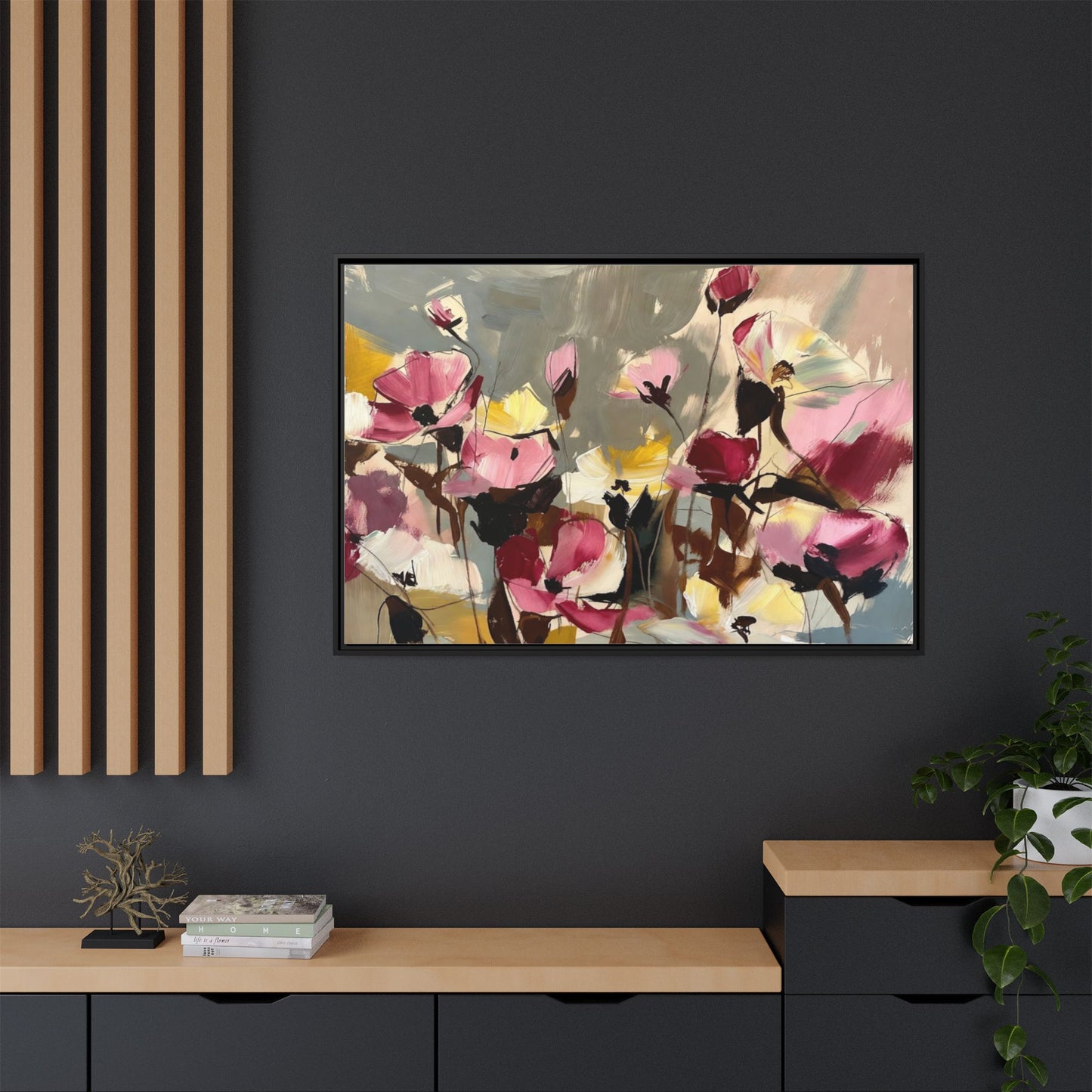 Framed Floral Canvas Wall Art — Abstract Pink & Yellow Flowers