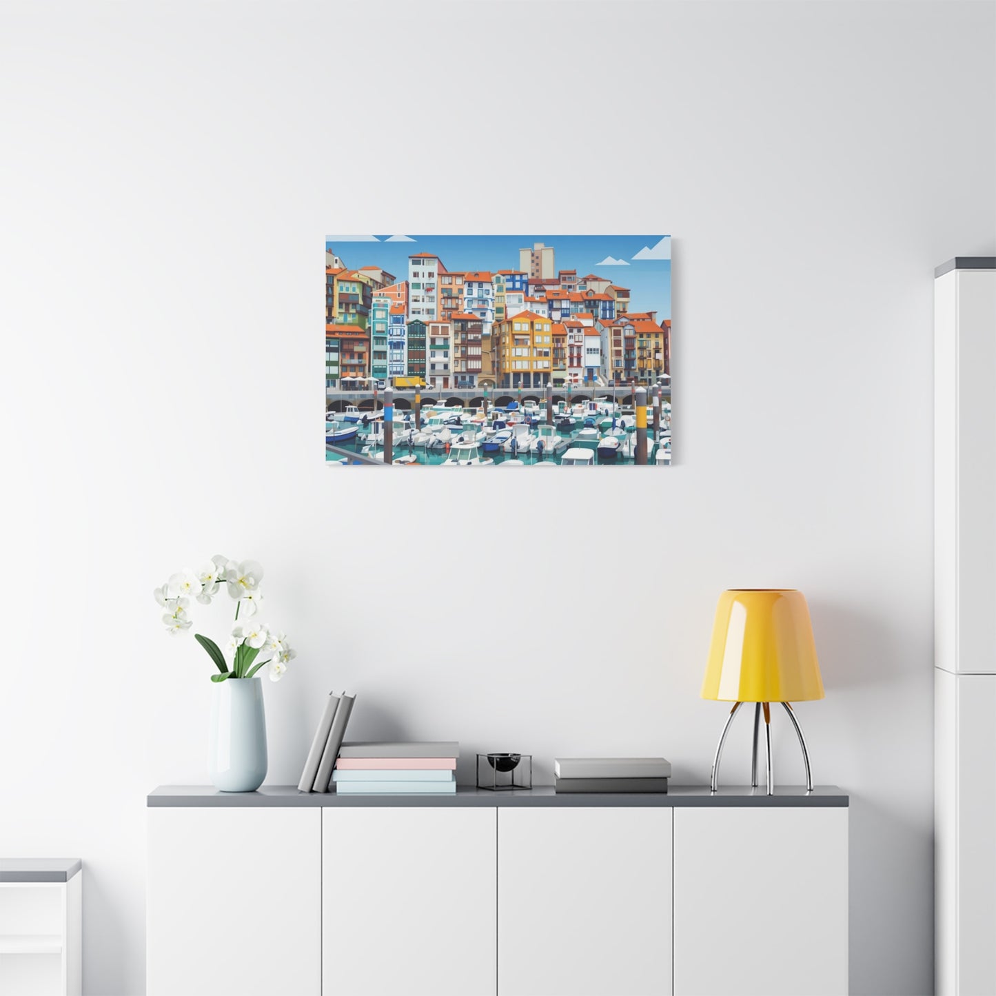 Colorful Coastal Harbor Matte Canvas Print — Stretched Wall Art