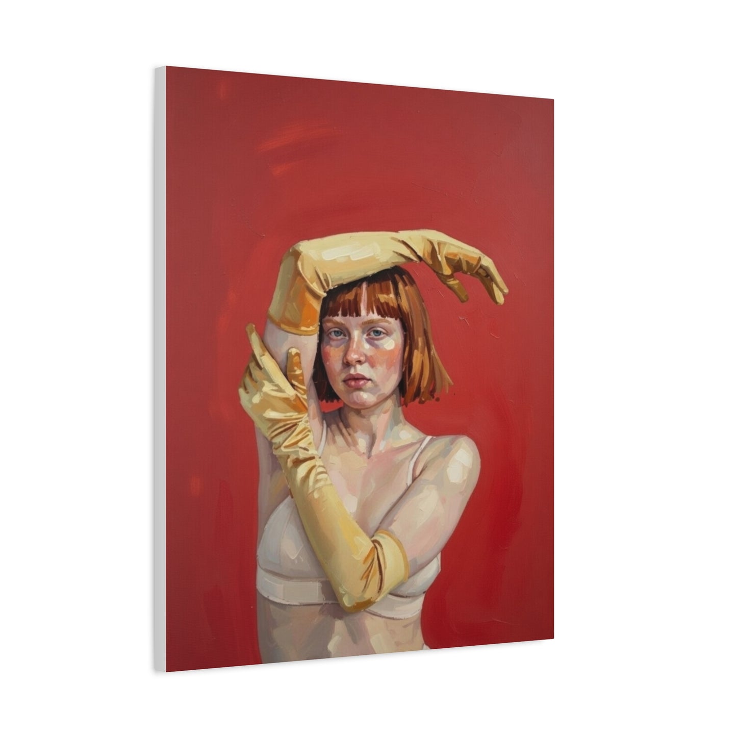Figurative Portrait Canvas — Woman with Yellow Gloves on Red Background