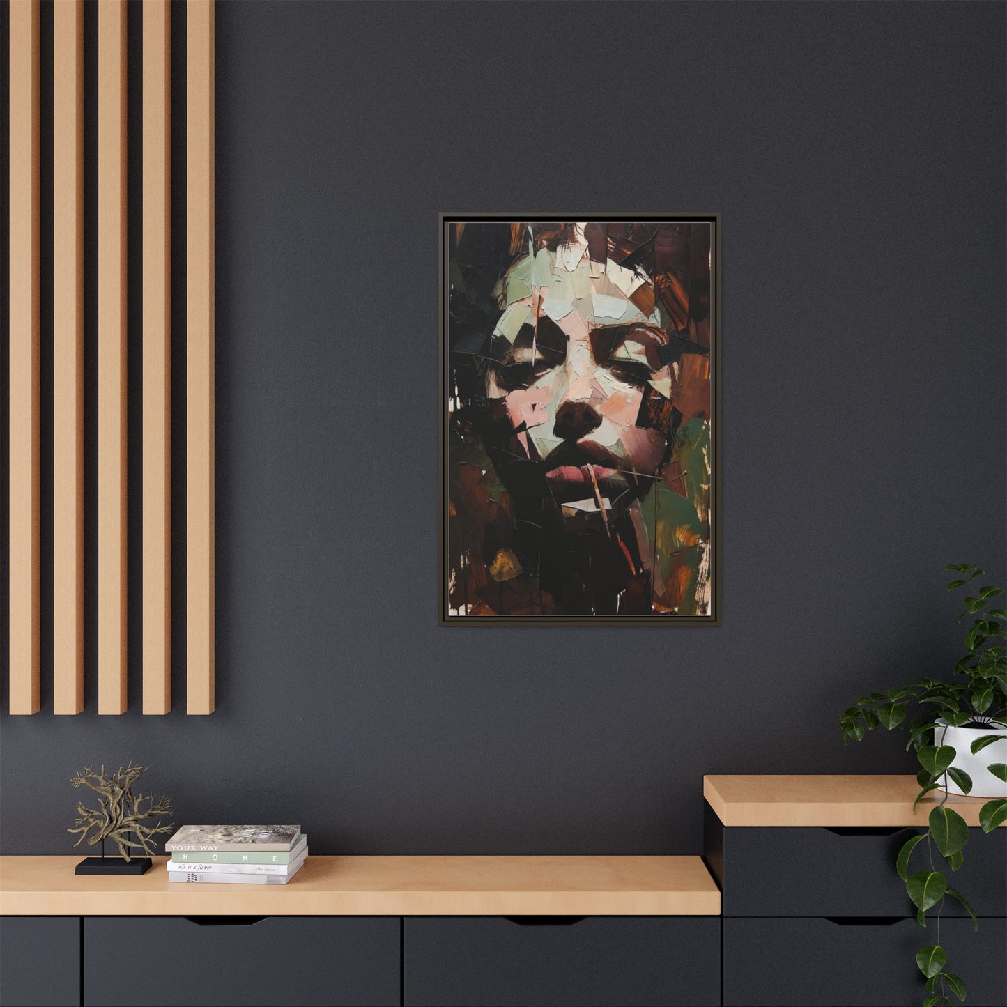 Matte Framed Canvas Art — Abstract Female Portrait, Moody Multicolor